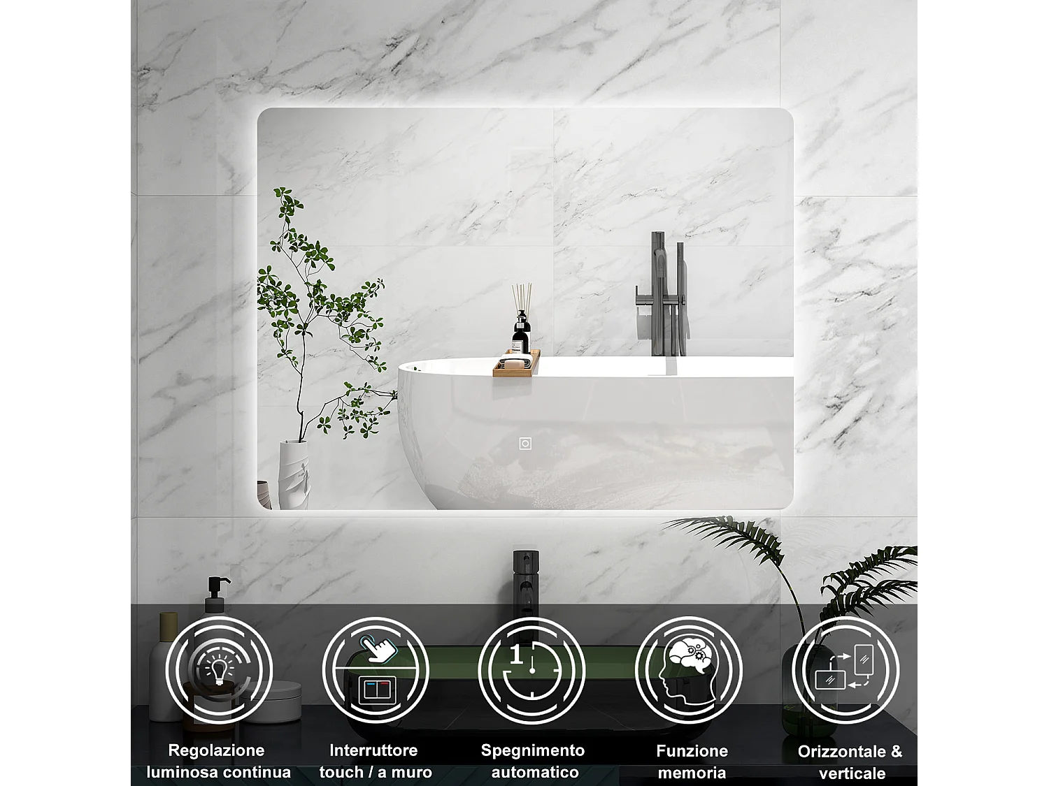 AICA Specchio 90x60cm,Memoria,Regorabile,Retroilluminato,doppio interruttore,HD temperato