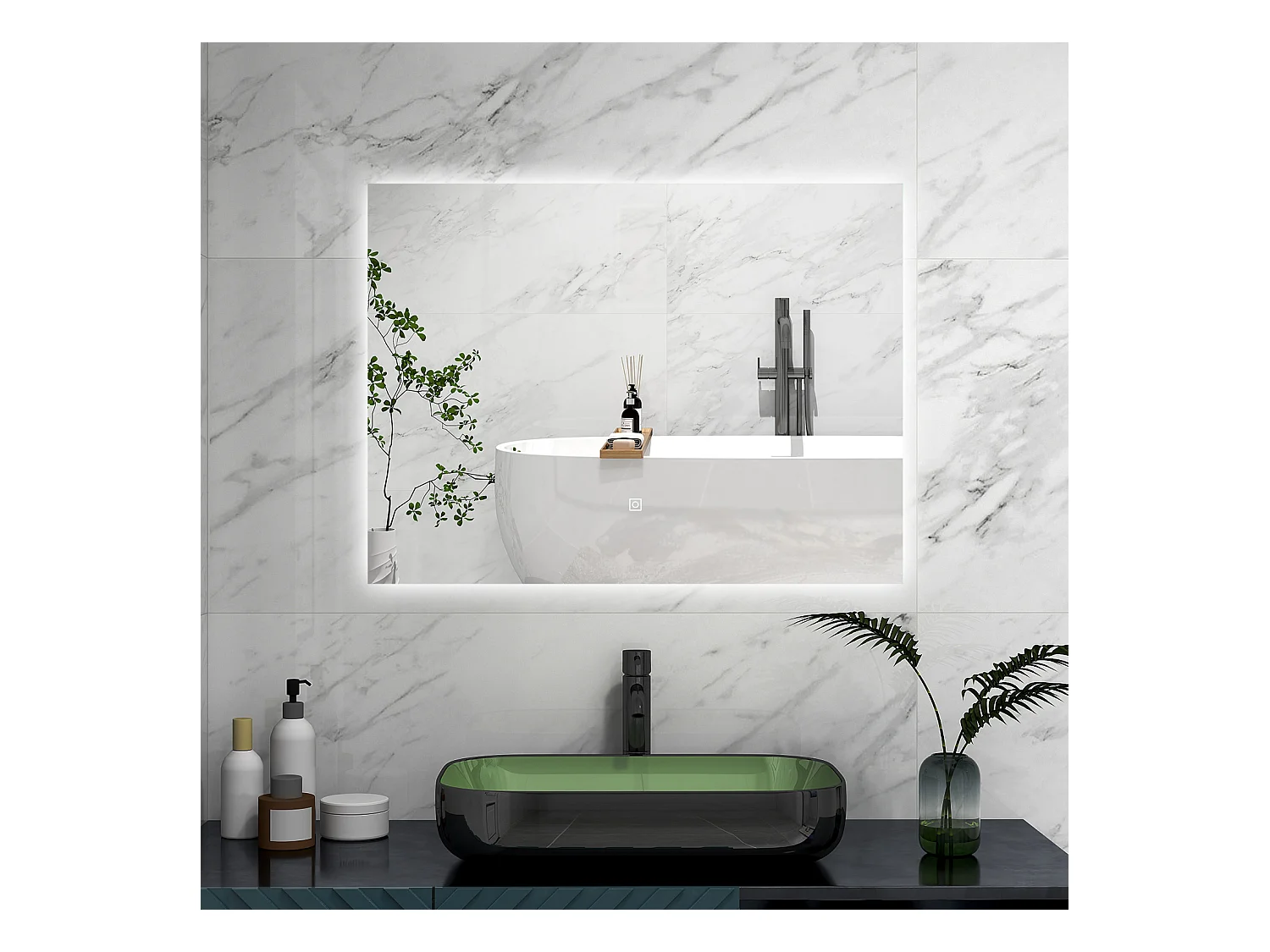 AICA Specchio 90x70cm,Memoria, Antifog,Regorabile,Retroilluminato,doppio interruttore