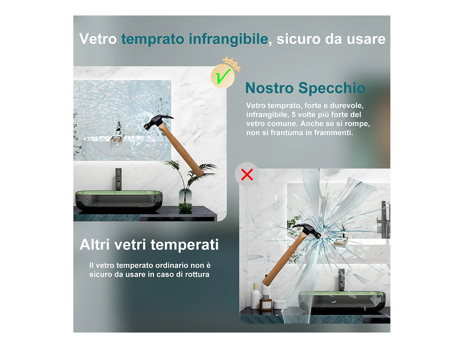 AICA Specchio 90x70cm,Memoria, Antifog,Regorabile,Retroilluminato,doppio interruttore