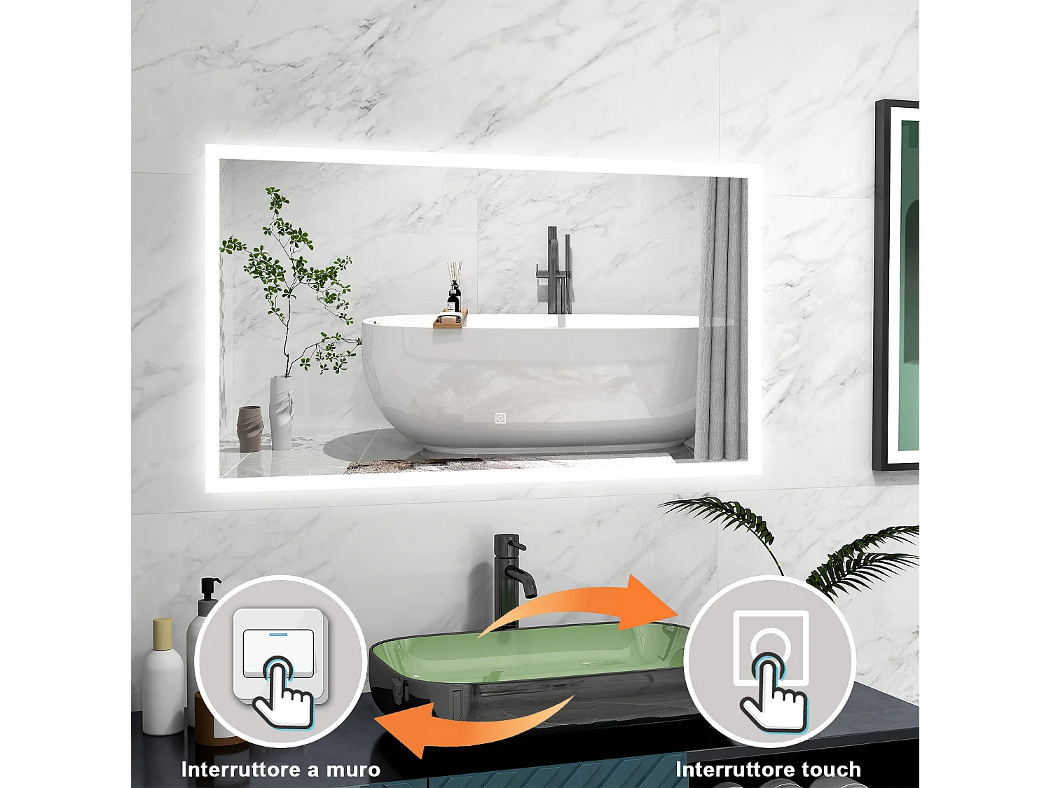 AICA Specchio 100x60cm,3 colori,Memoria, Antifog,Regorabile,Retroilluminato,doppio interruttore