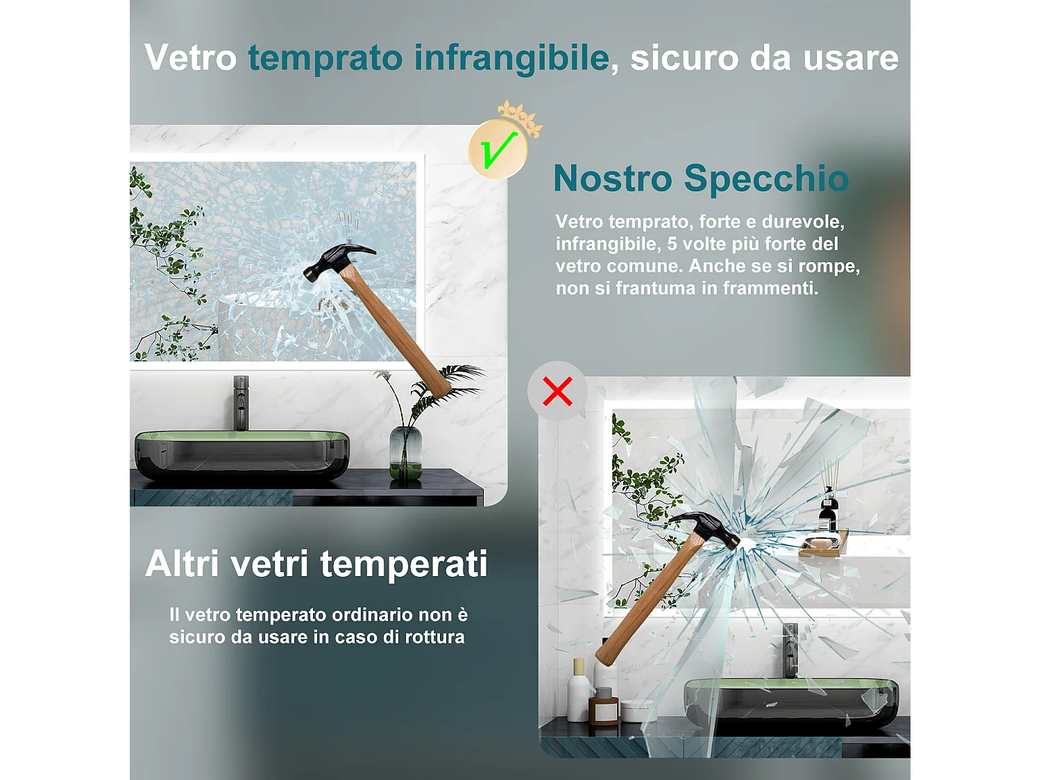 AICA Specchio 100x60cm,3 colori,Memoria, Antifog,Regorabile,Retroilluminato,doppio interruttore