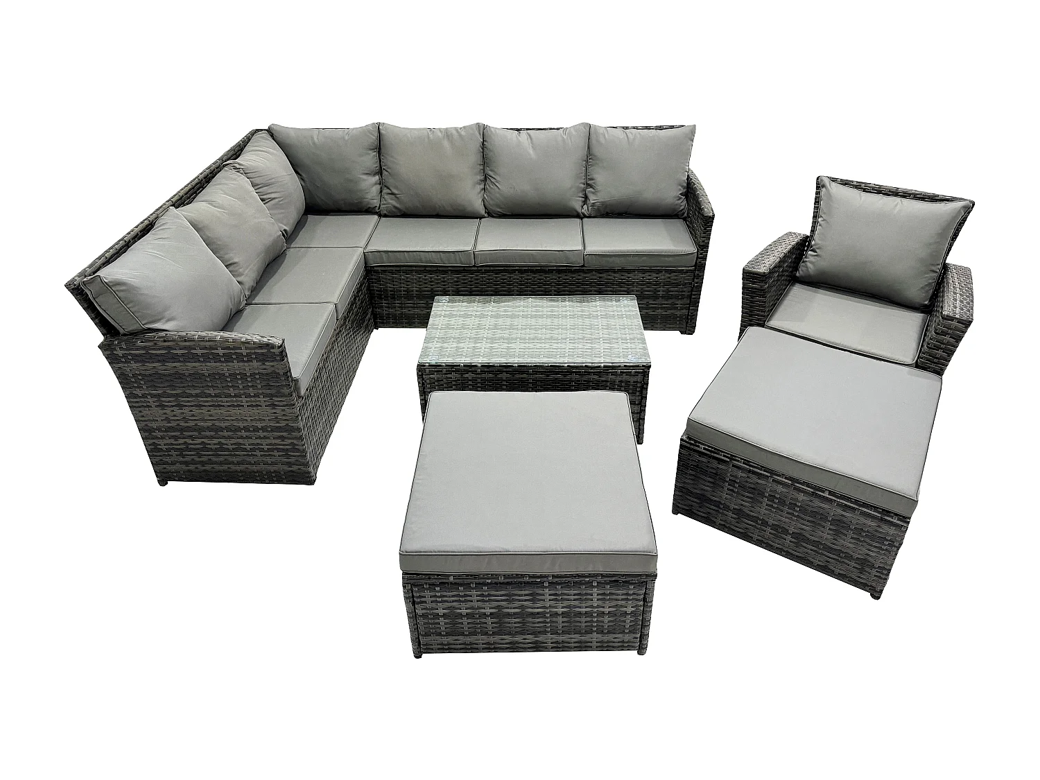 Fimous 9 Seater Rattan Lounge Corner Sofa Set Wicker PE Outdoor Garden Furniture Set with Coffee Table 2 Big Fotstools Dark Grey Mixed