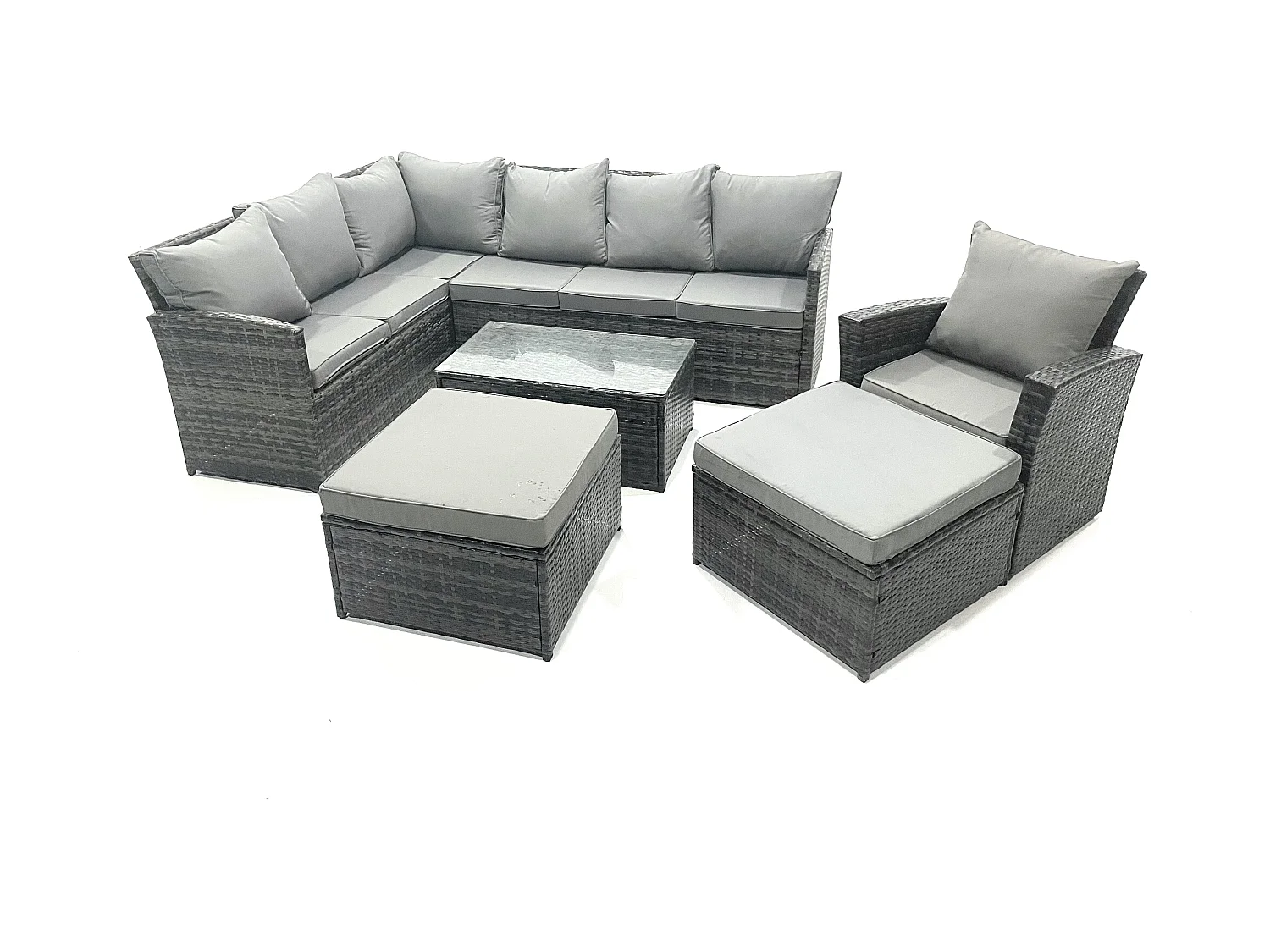 Fimous 9 Seater Rattan Lounge Corner Sofa Set Wicker PE Outdoor Garden Furniture Set with Coffee Table 2 Big Fotstools Dark Grey Mixed