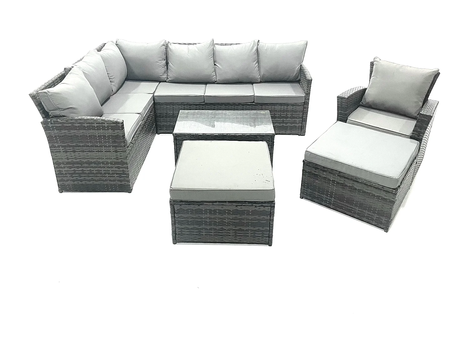 Fimous 9 Seater Rattan Lounge Corner Sofa Set Wicker PE Outdoor Garden Furniture Set with Coffee Table 2 Big Fotstools Dark Grey Mixed