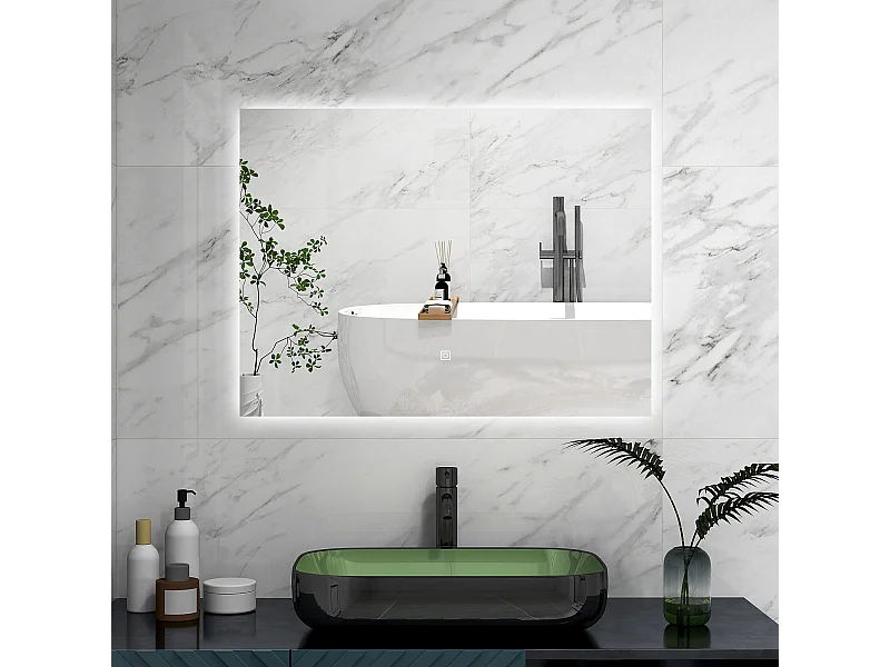 AICA Specchio 80x60cm,Memoria, Antifog,Regorabile,Retroilluminato,doppio interruttore