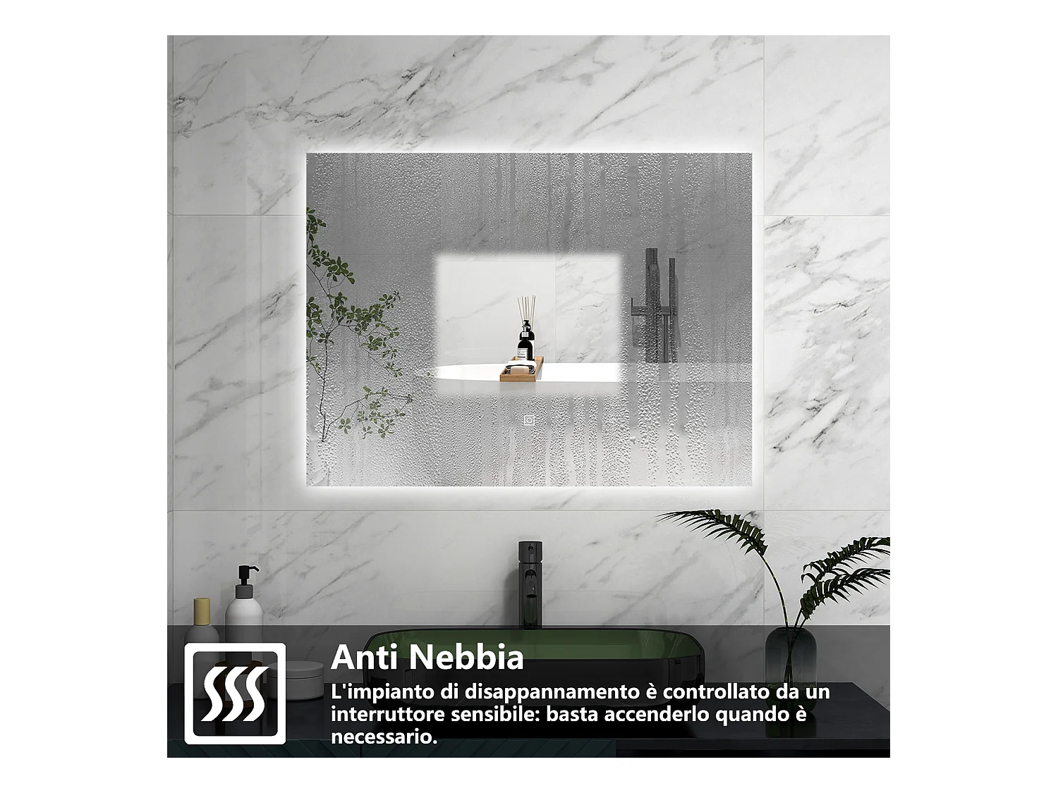 AICA Specchio 80x60cm,Memoria, Antifog,Regorabile,Retroilluminato,doppio interruttore