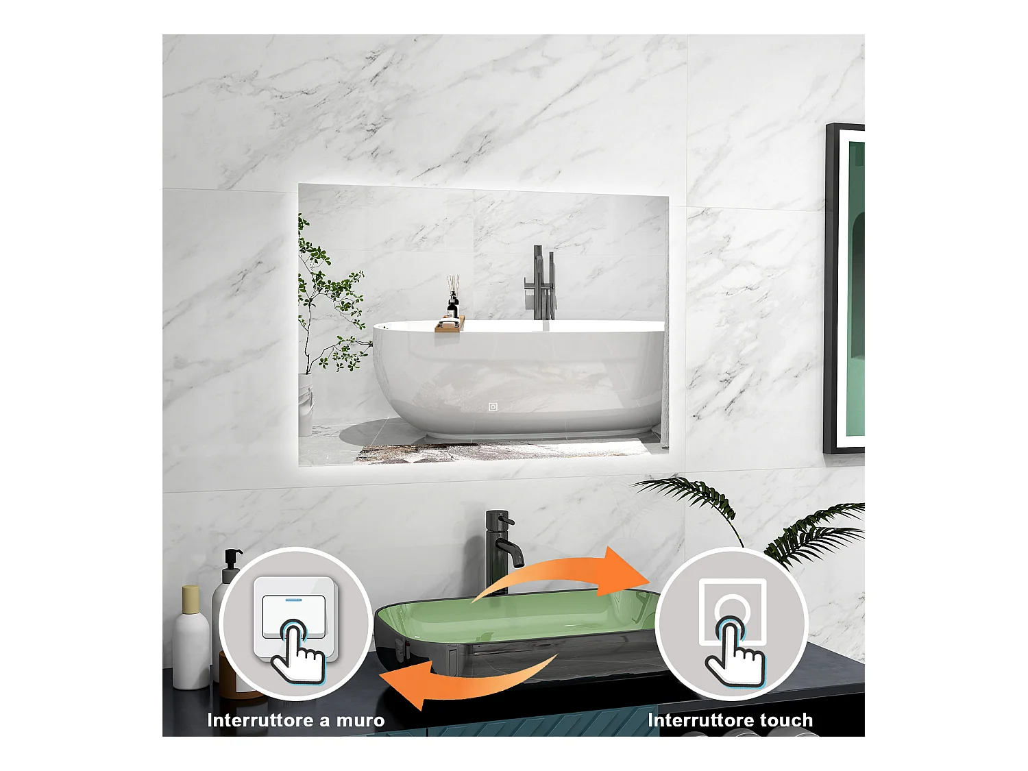 AICA Specchio 80x60cm,Memoria, Antifog,Regorabile,Retroilluminato,doppio interruttore