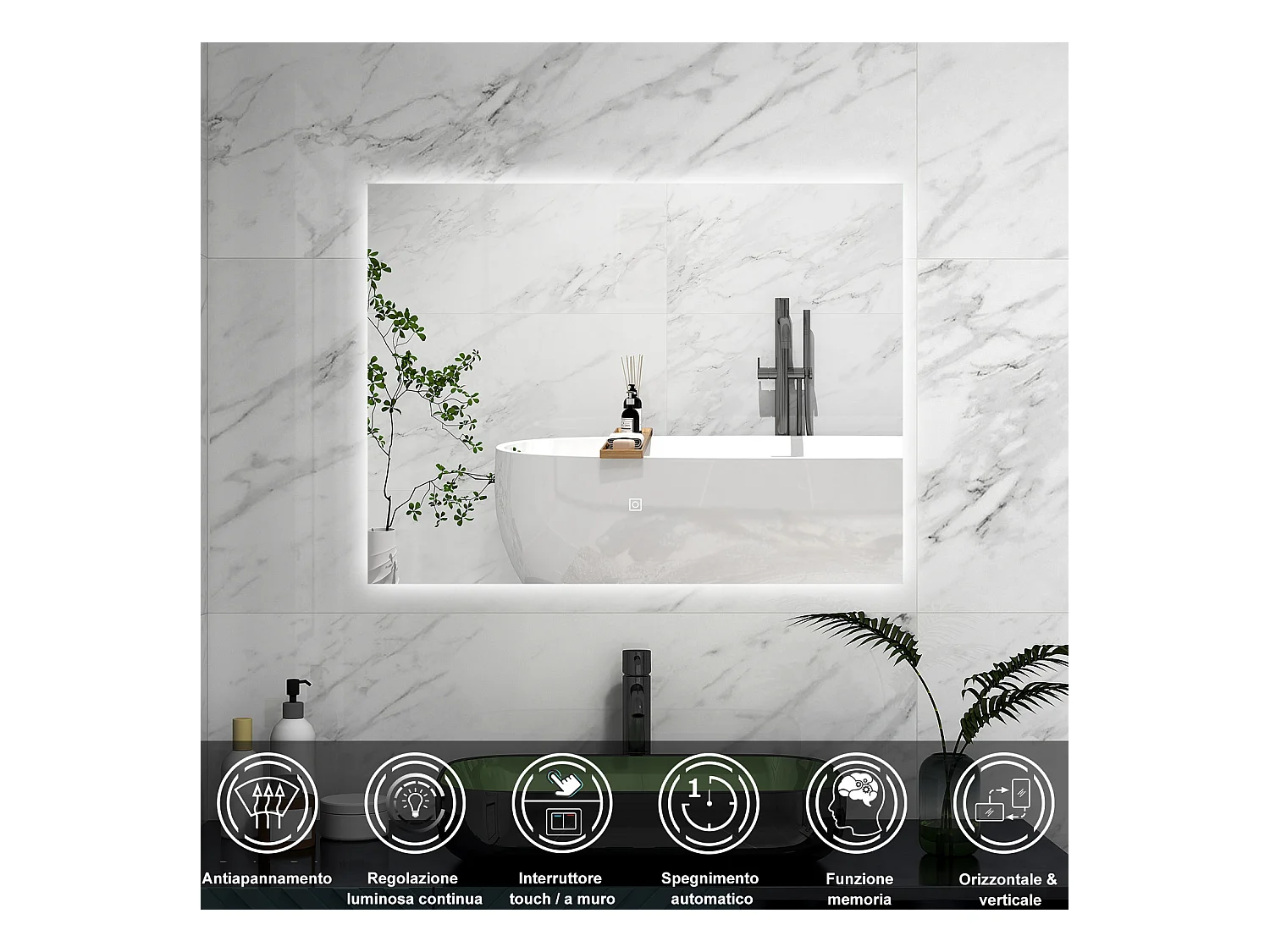 AICA Specchio 80x60cm,Memoria, Antifog,Regorabile,Retroilluminato,doppio interruttore