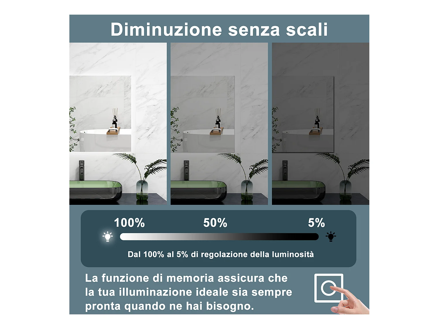 AICA Specchio 80x60cm,Memoria, Antifog,Regorabile,Retroilluminato,doppio interruttore