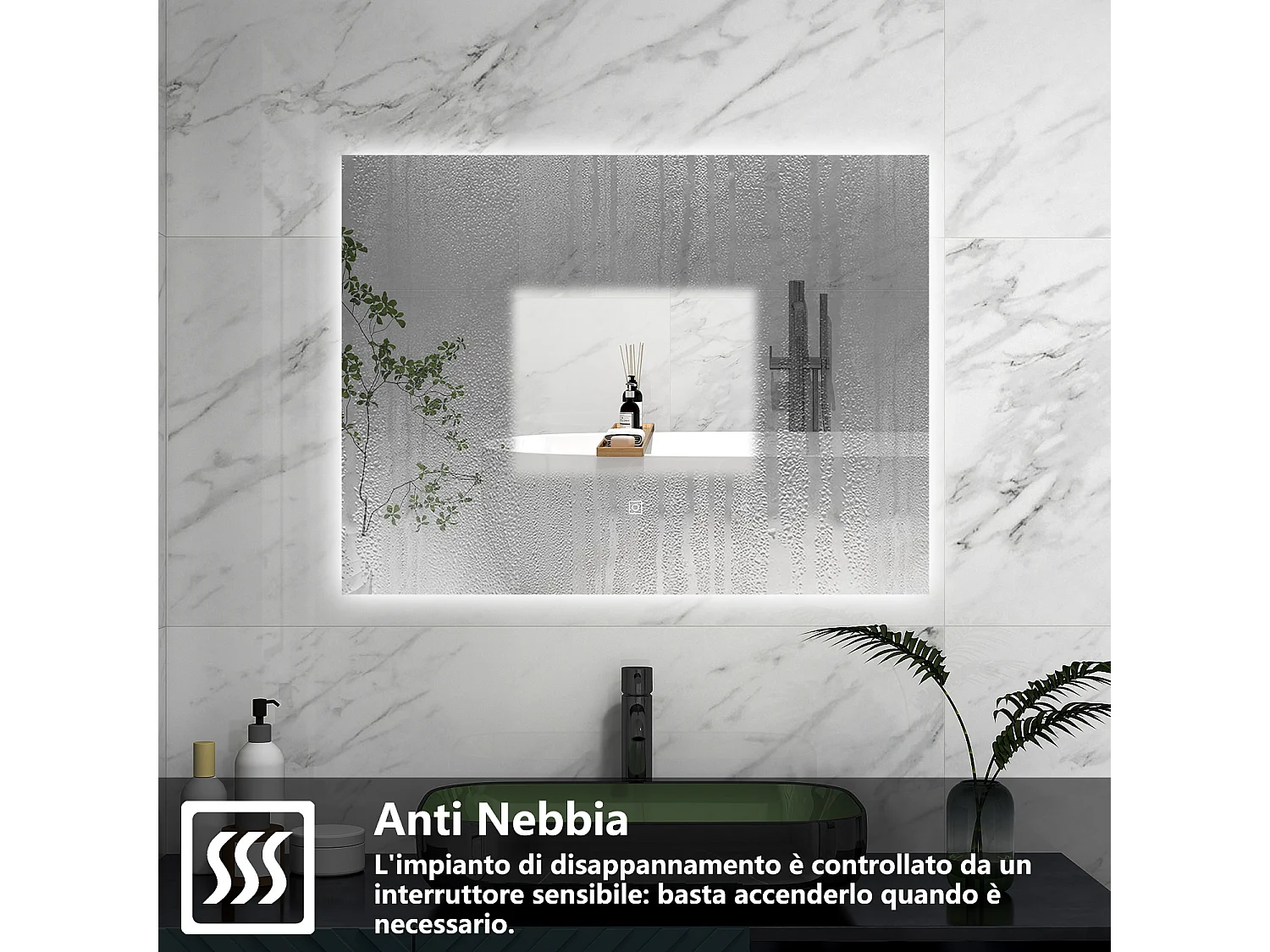 AICA Specchio 80x60cm,Memoria, Antifog,Regorabile,Retroilluminato,doppio interruttore