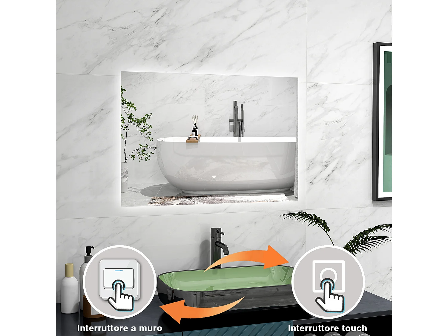 AICA Specchio 80x60cm,Memoria, Antifog,Regorabile,Retroilluminato,doppio interruttore