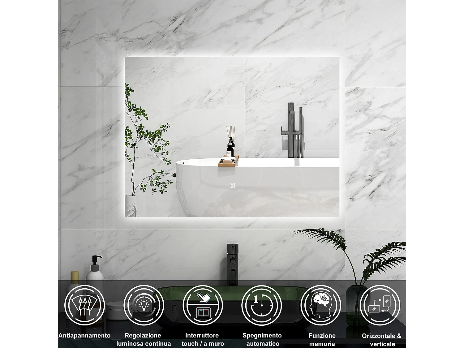 AICA Specchio 80x60cm,Memoria, Antifog,Regorabile,Retroilluminato,doppio interruttore