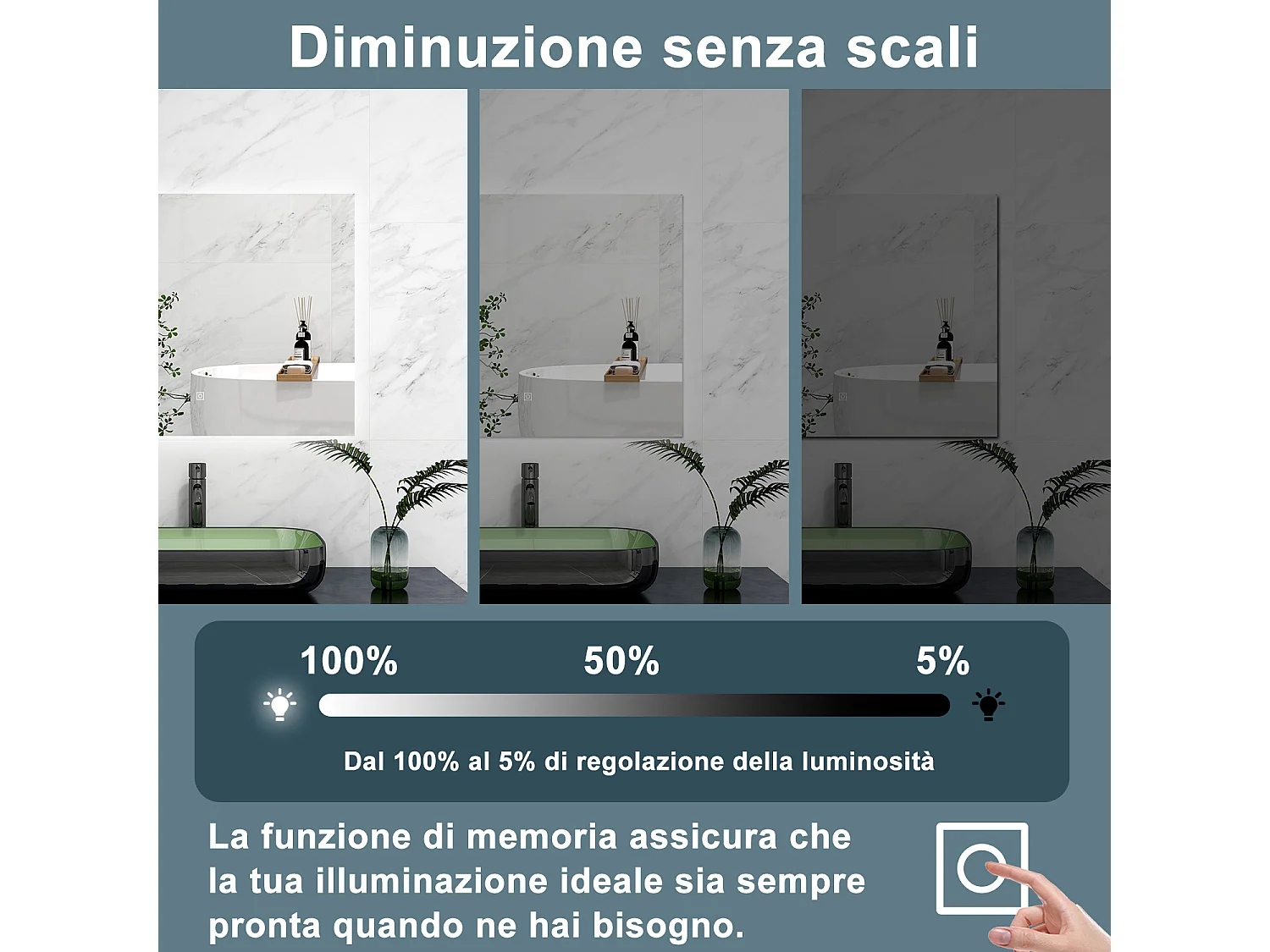 AICA Specchio 80x60cm,Memoria, Antifog,Regorabile,Retroilluminato,doppio interruttore