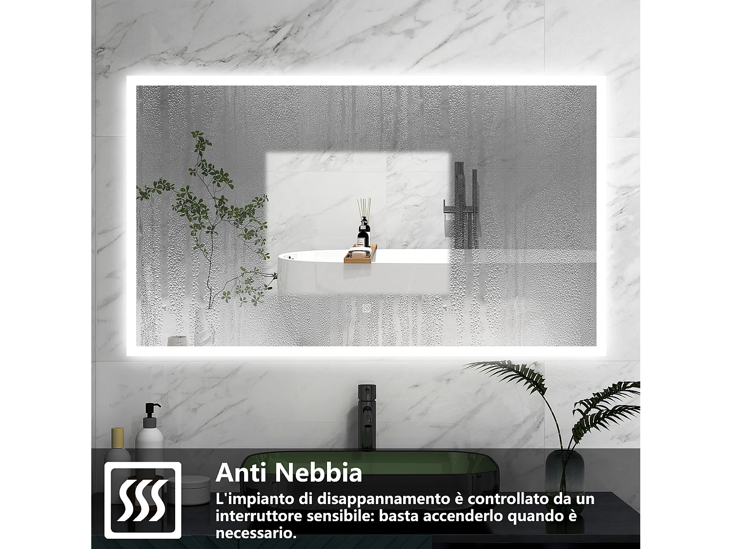 AICA Specchio 90x70cm,3 colori,Memoria, Antifog,Regorabile,Retroilluminato,doppio interruttore