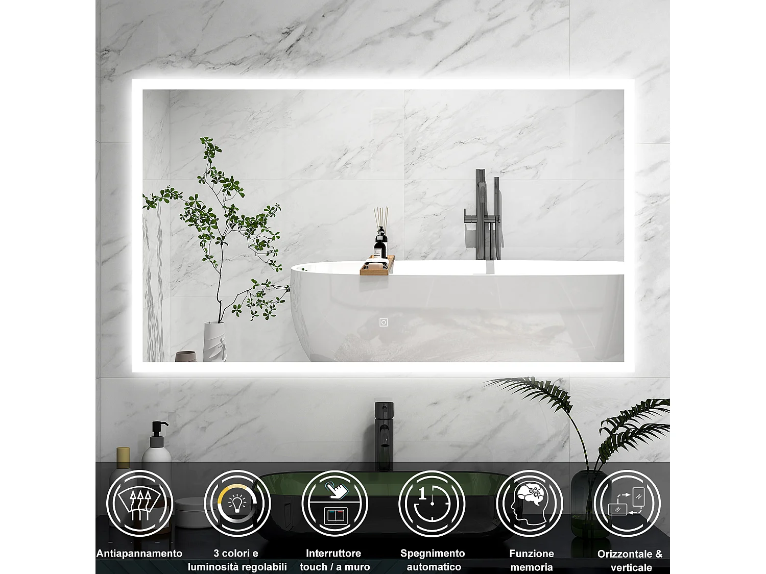 AICA Specchio 90x70cm,3 colori,Memoria, Antifog,Regorabile,Retroilluminato,doppio interruttore