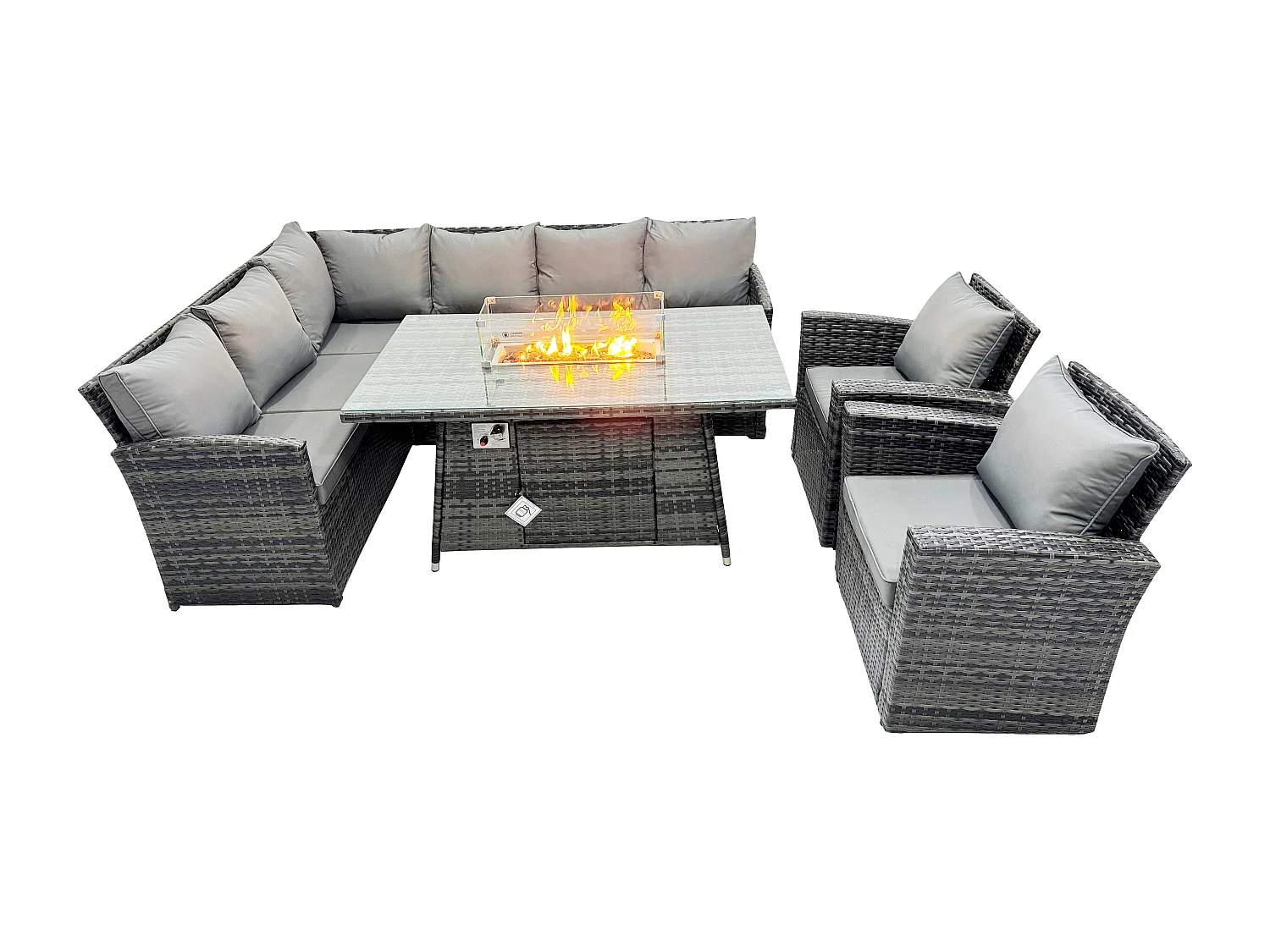 Fimous Rattan Garden Furniture High Back Corner Sofa Gas Fire Pit Dining Table Sets Gas Heater with 2 Armchairs 8 Seater Dark Grey Mixed