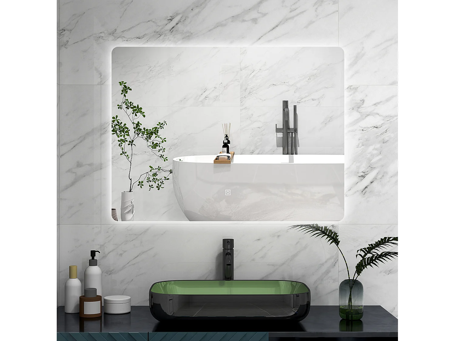 AICA Specchio 80x60cm,Memoria,Regorabile,Retroilluminato,doppio interruttore,HD temperato