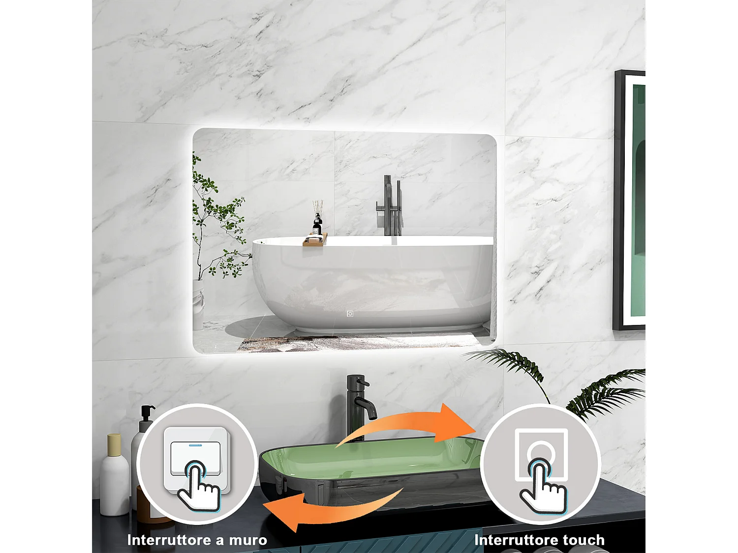 AICA Specchio 80x60cm,Memoria,Regorabile,Retroilluminato,doppio interruttore,HD temperato