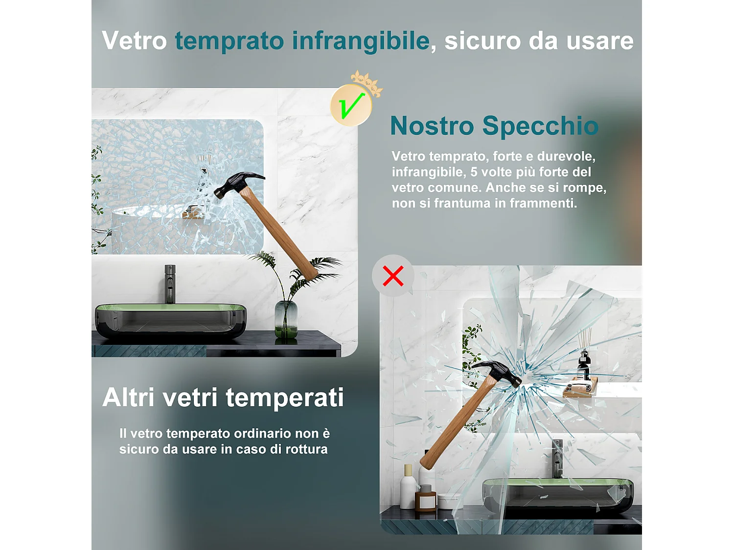 AICA Specchio 80x60cm,Memoria,Regorabile,Retroilluminato,doppio interruttore,HD temperato