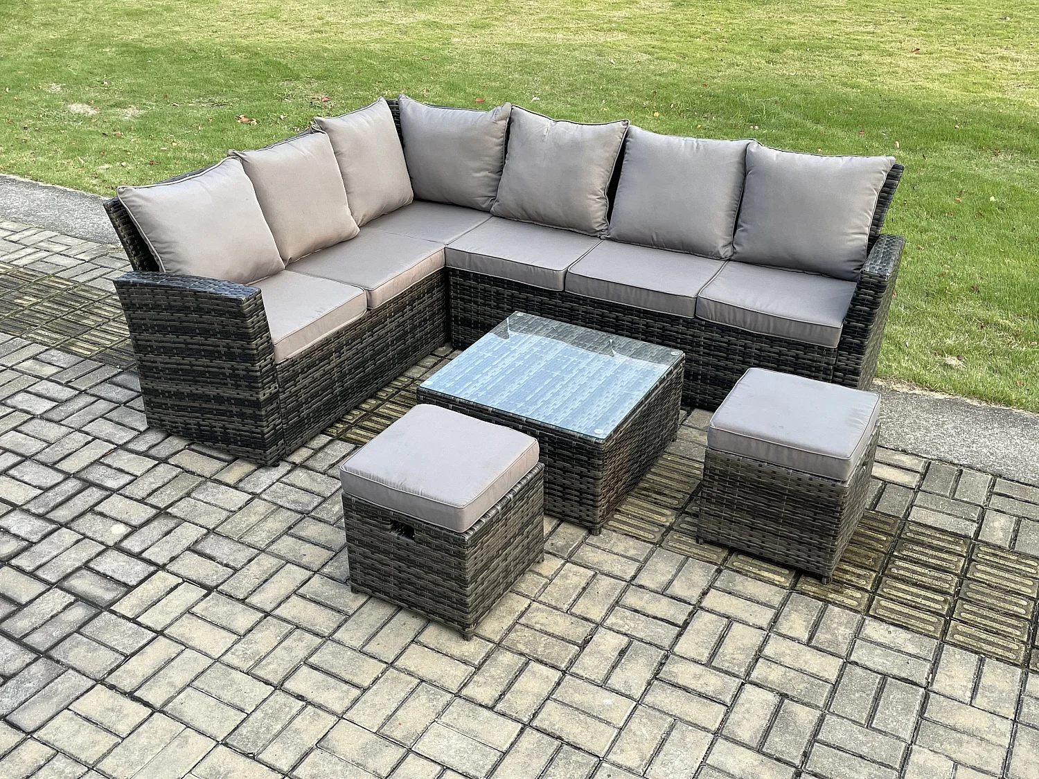 8 Sitzer Gartenlounge Set Rattan Ecksofa Set mit Quadratischer Couchtisch 2 kleine Fußhockern Dunkelgrau gemischt