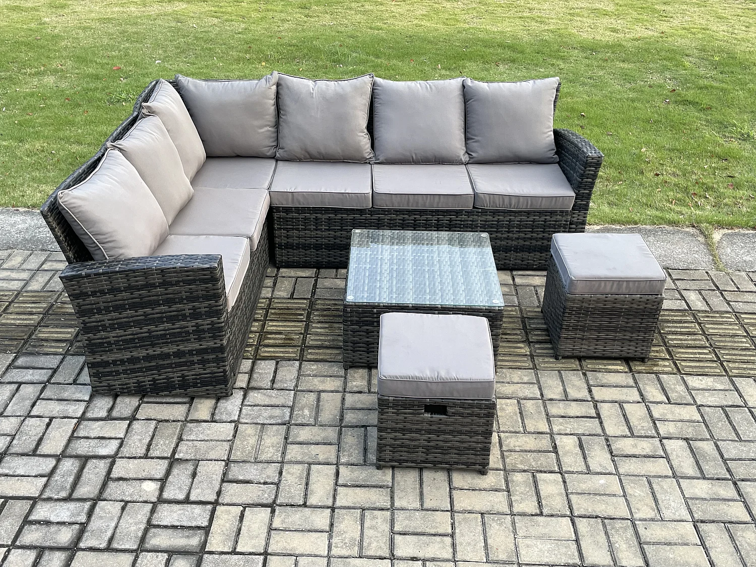 8 Sitzer Gartenlounge Set Rattan Ecksofa Set mit Quadratischer Couchtisch 2 kleine Fußhockern Dunkelgrau gemischt