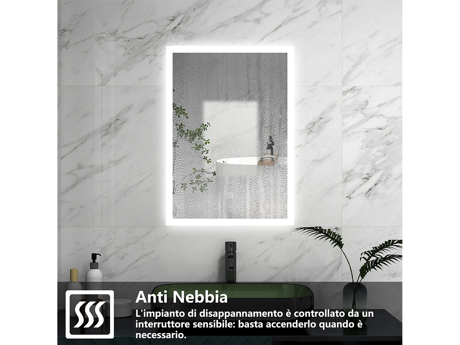 AICA Specchio 70x50cm,3 colori,Memoria, Antifog,Regorabile,Retroilluminato,doppio interruttore