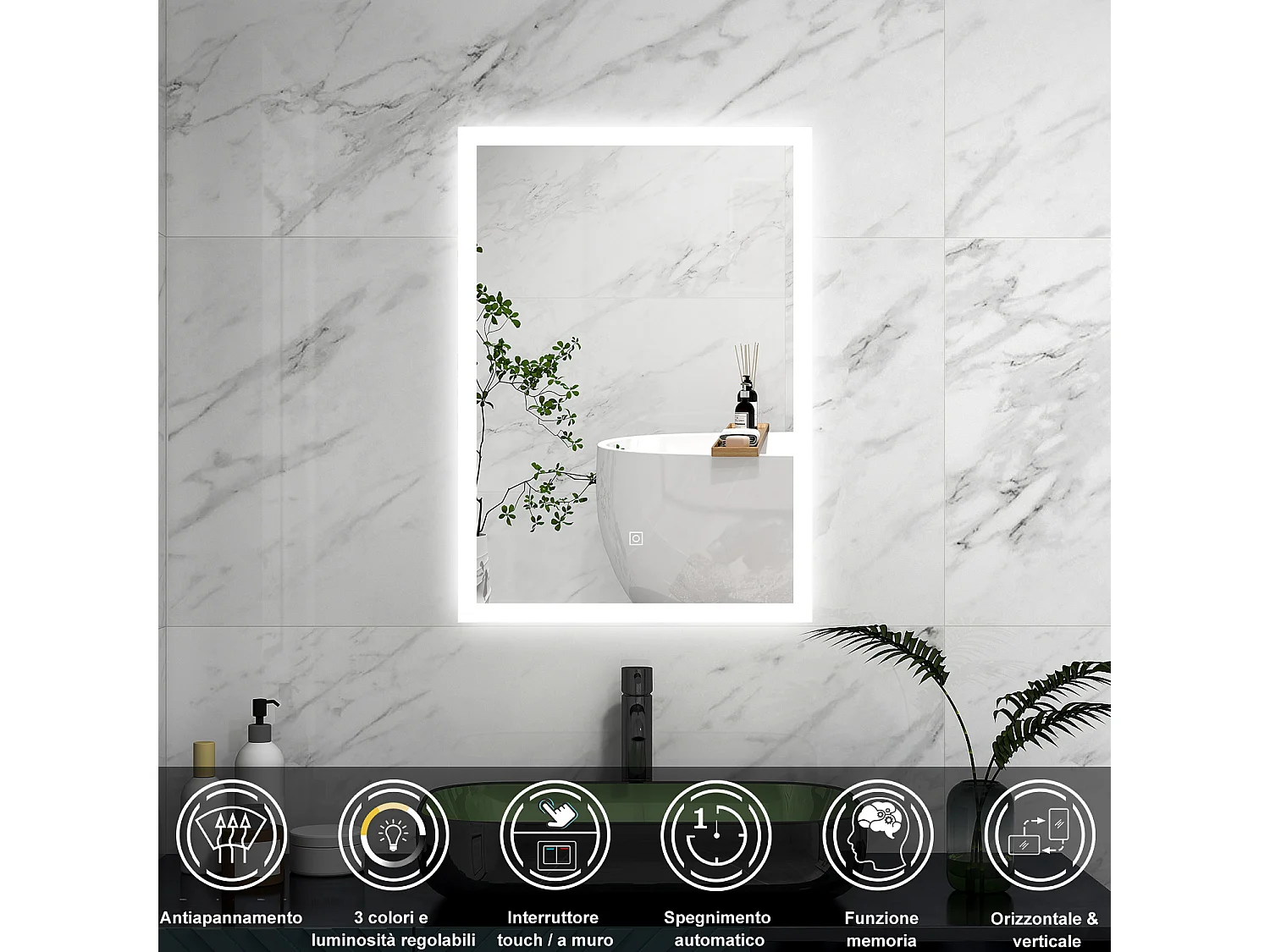 AICA Specchio 70x50cm,3 colori,Memoria, Antifog,Regorabile,Retroilluminato,doppio interruttore