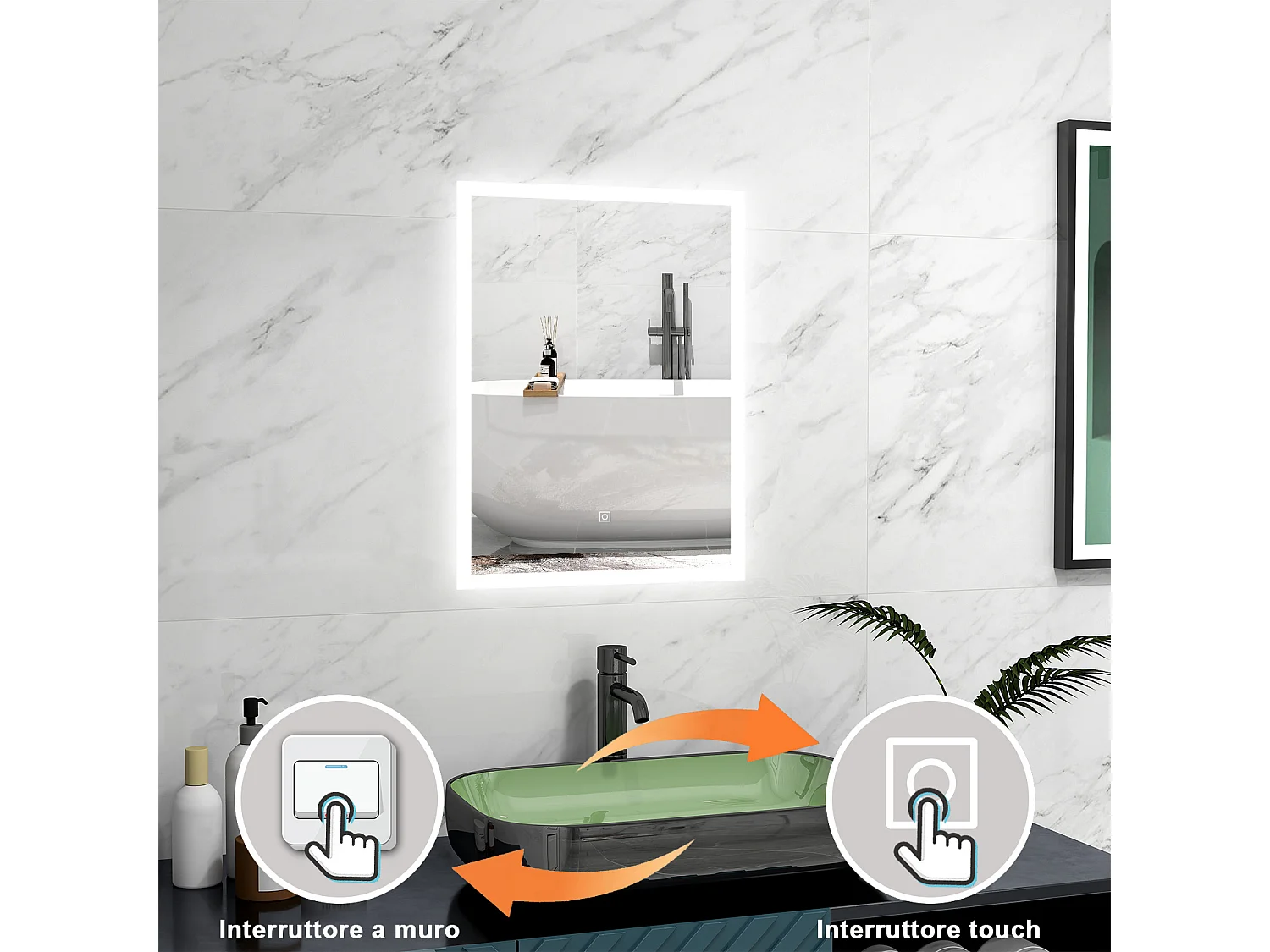 AICA Specchio 70x50cm,3 colori,Memoria, Antifog,Regorabile,Retroilluminato,doppio interruttore