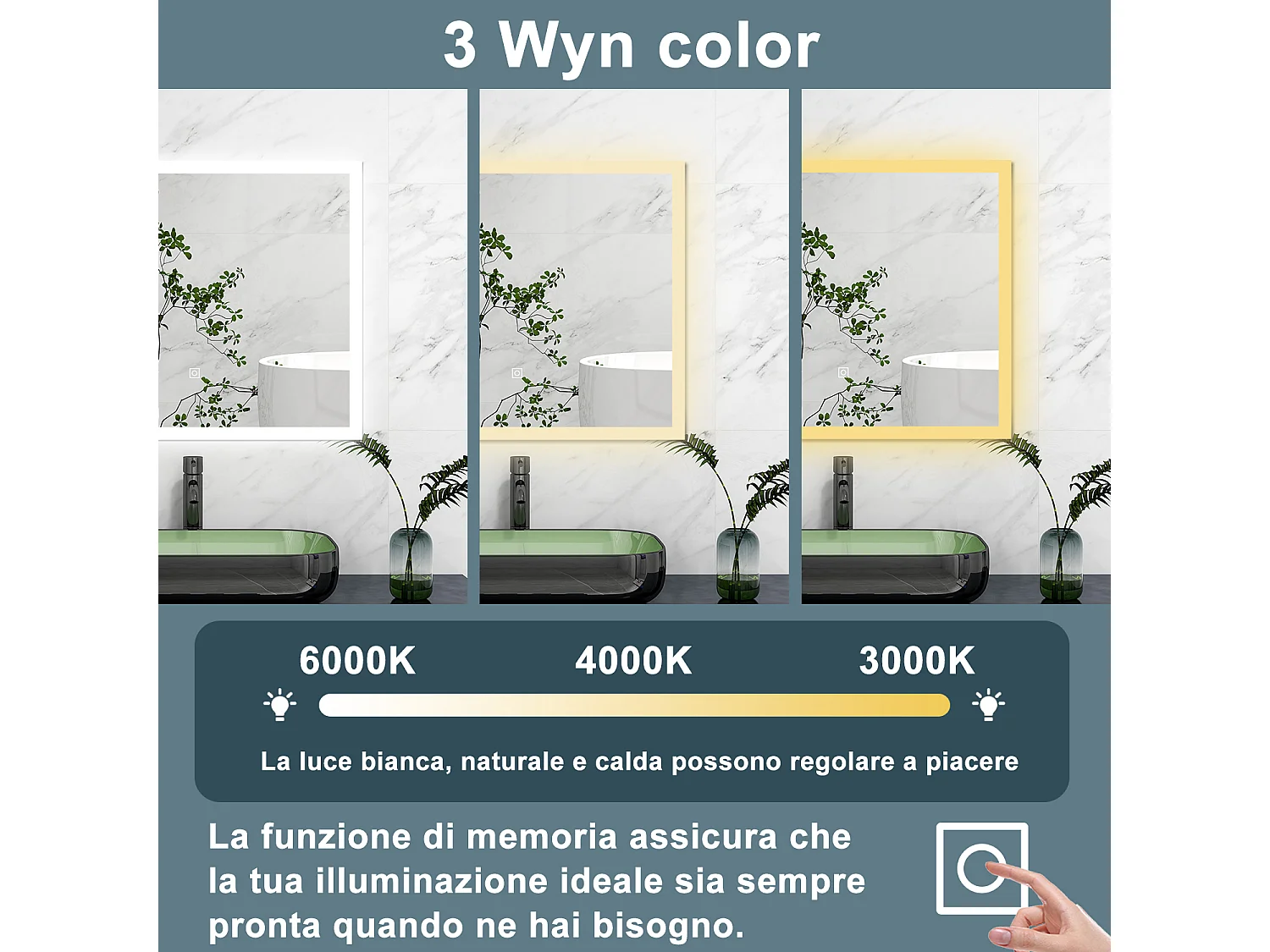 AICA Specchio 70x50cm,3 colori,Memoria, Antifog,Regorabile,Retroilluminato,doppio interruttore