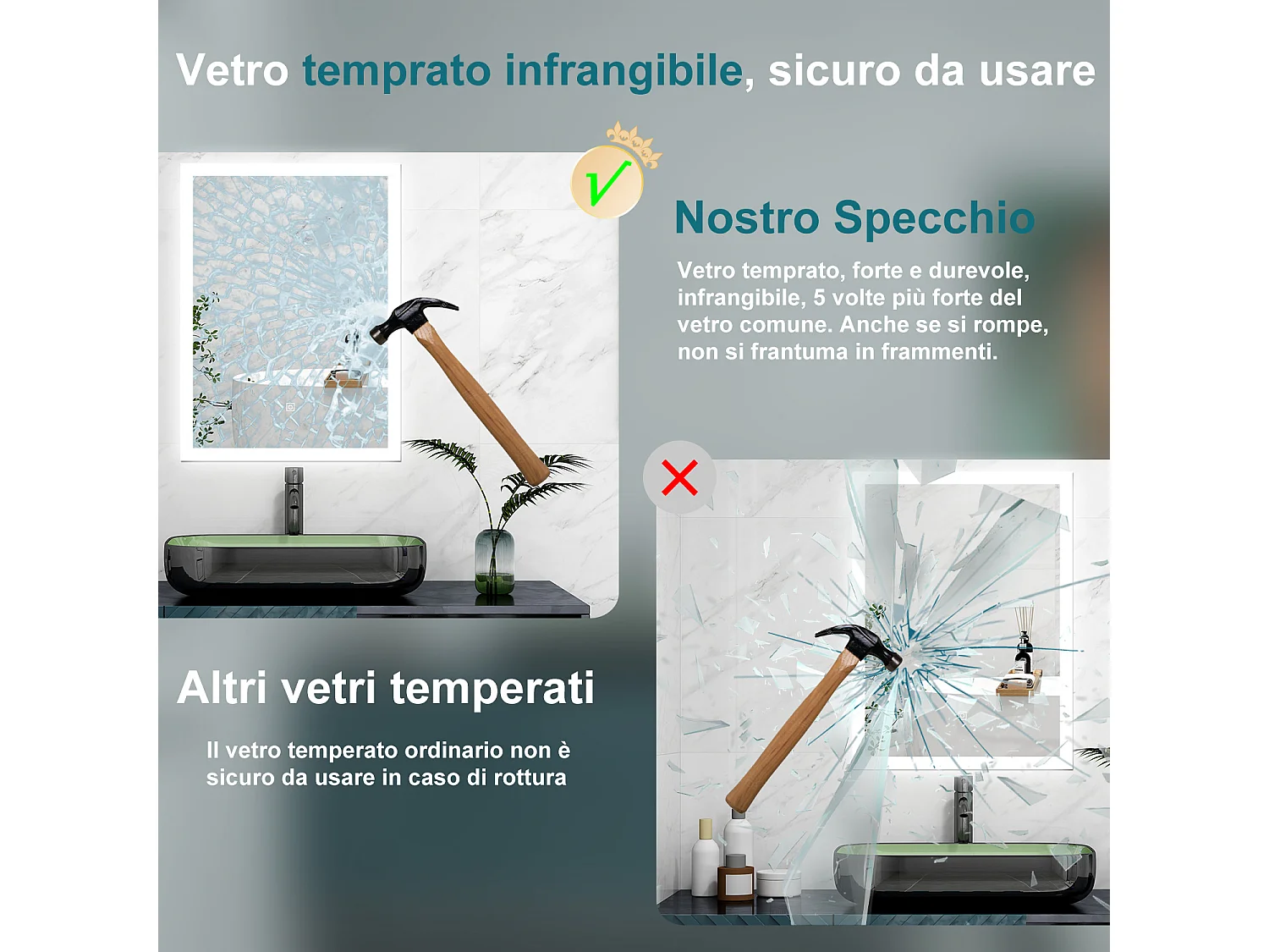 AICA Specchio 70x50cm,3 colori,Memoria, Antifog,Regorabile,Retroilluminato,doppio interruttore