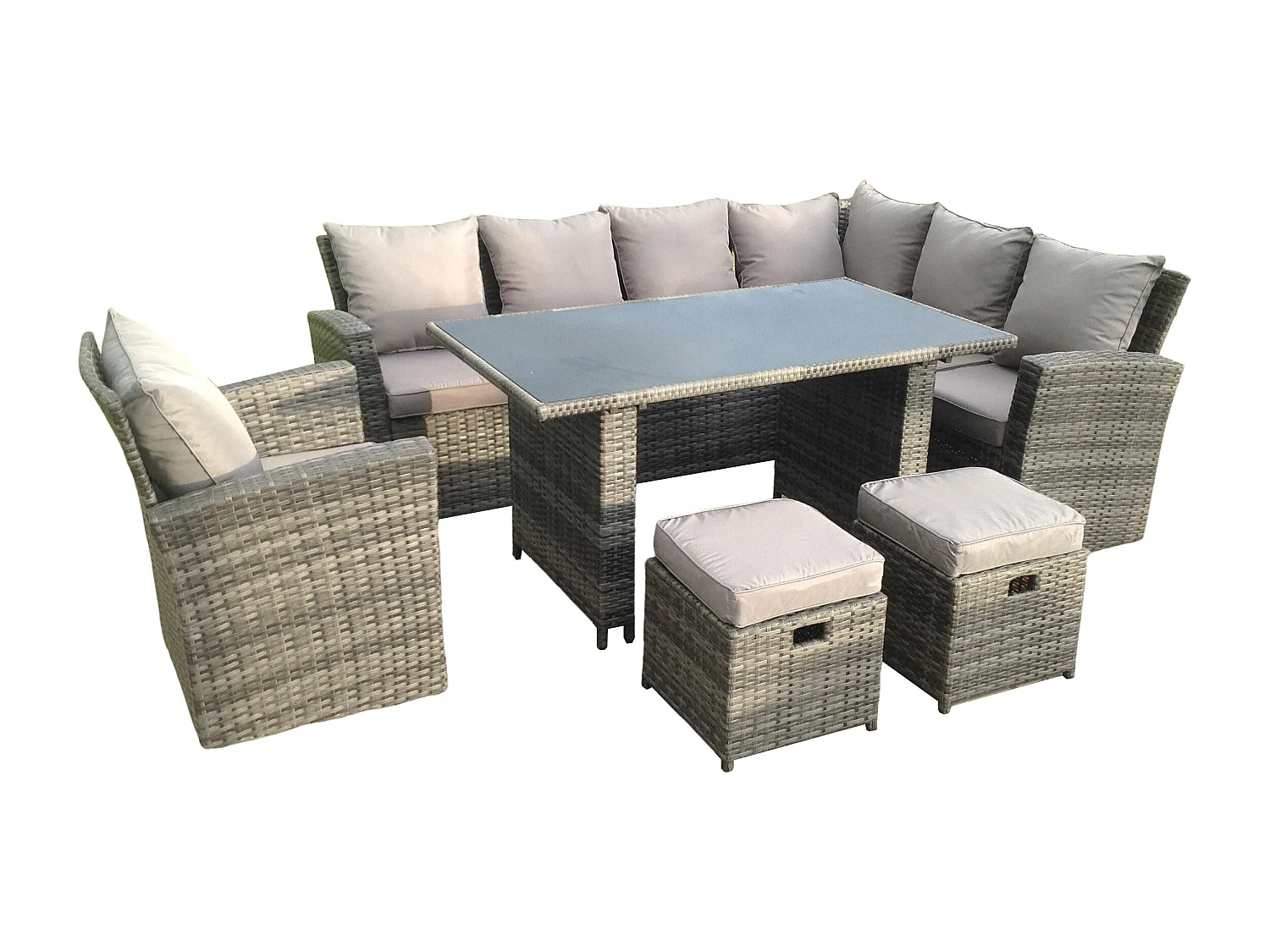 Fimous 9 Seater High Back Rattan Garden Furniture Set Corner Sofa With Black Tempered Glass Dining Table Footstool With Chair