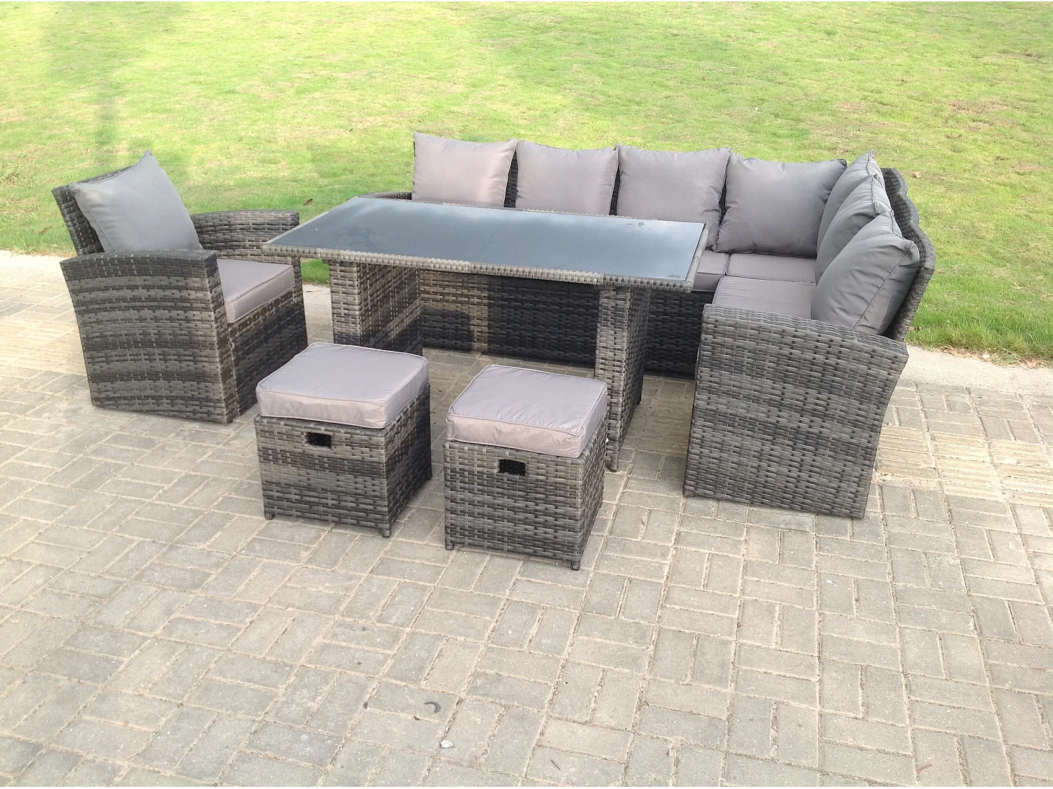 Fimous 9 Seater High Back Rattan Garden Furniture Set Corner Sofa With Black Tempered Glass Dining Table Footstool With Chair