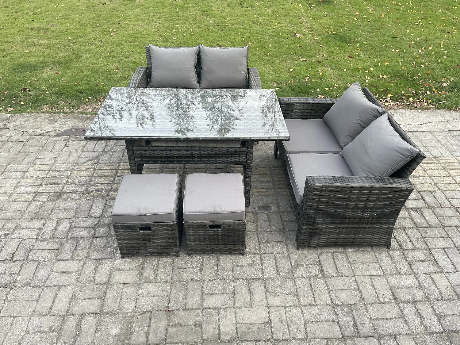 6 Sitzer Polyrattan Gartenmöbel-Set Liebe Sofa Outdoor Rechteckiger Esstisch 2 kleine Fußhockern Dunkelgrau gemischt