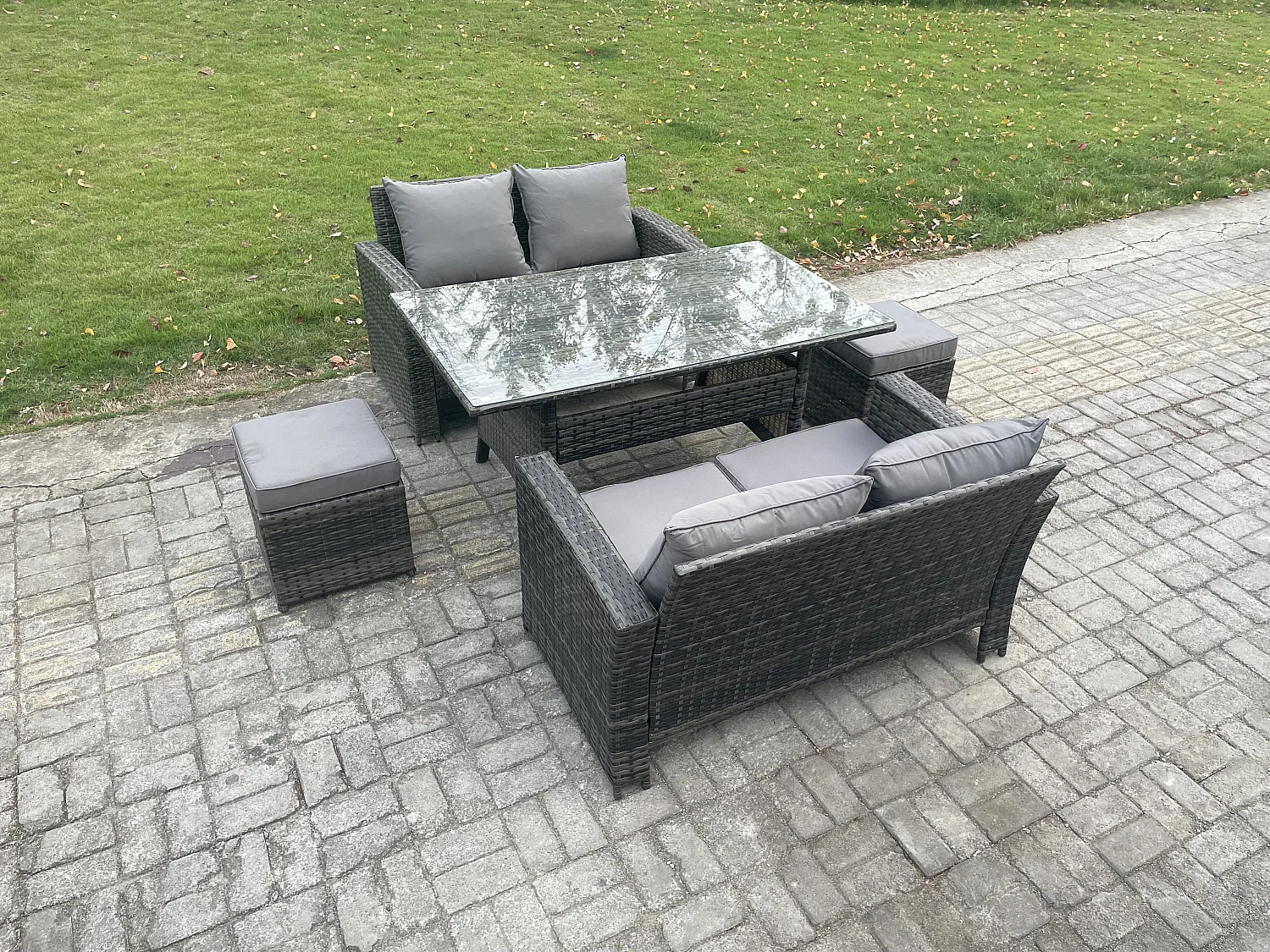 6 Sitzer Polyrattan Gartenmöbel-Set Liebe Sofa Outdoor Rechteckiger Esstisch 2 kleine Fußhockern Dunkelgrau gemischt