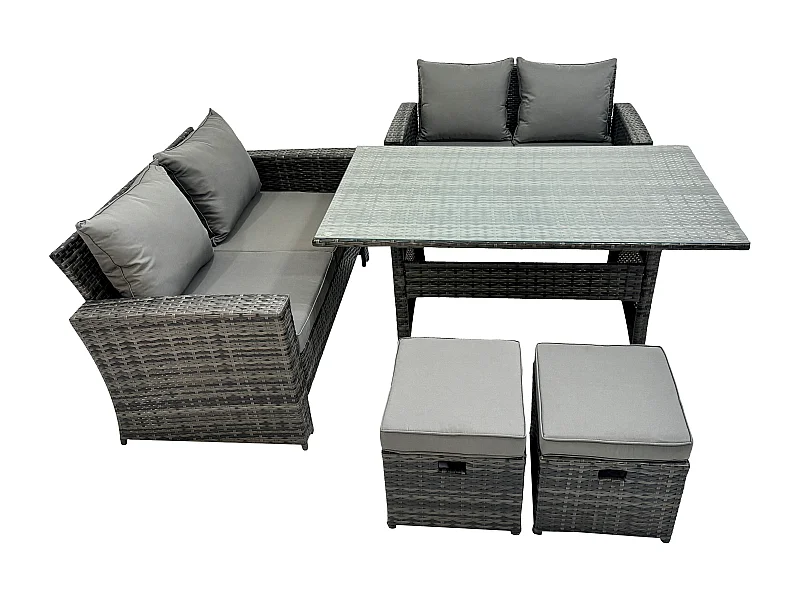 6 Sitzer Polyrattan Gartenmöbel-Set Liebe Sofa Outdoor Rechteckiger Esstisch 2 kleine Fußhockern Dunkelgrau gemischt