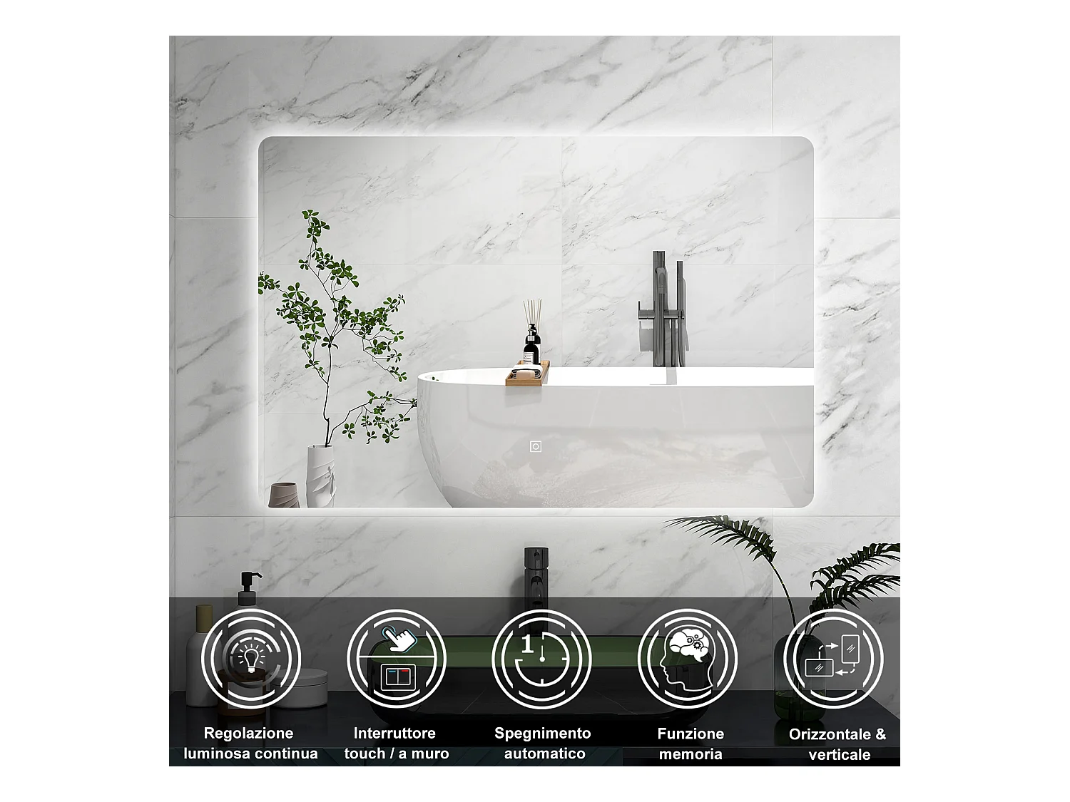 AICA Specchio 100x60cm,Memoria,Regorabile,Retroilluminato,doppio interruttore,HD temperato