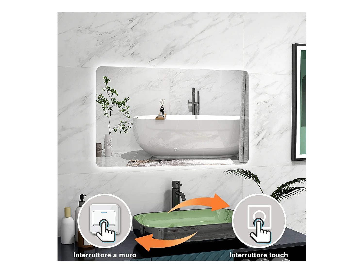 AICA Specchio 100x60cm,Memoria,Regorabile,Retroilluminato,doppio interruttore,HD temperato