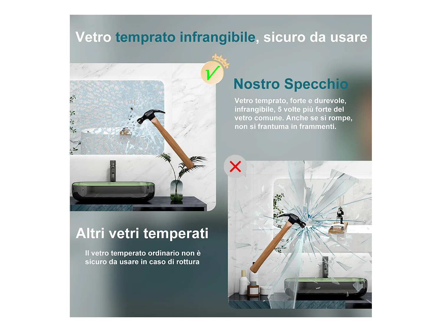 AICA Specchio 100x60cm,Memoria,Regorabile,Retroilluminato,doppio interruttore,HD temperato