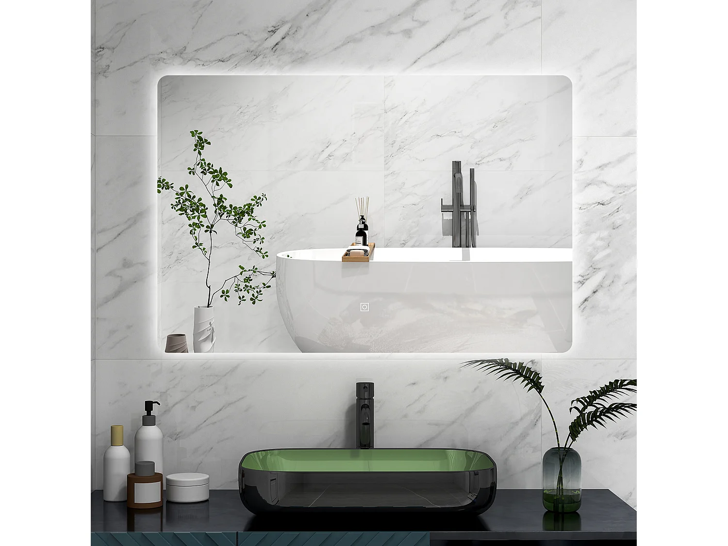 AICA Specchio 100x60cm,Memoria,Regorabile,Retroilluminato,doppio interruttore,HD temperato