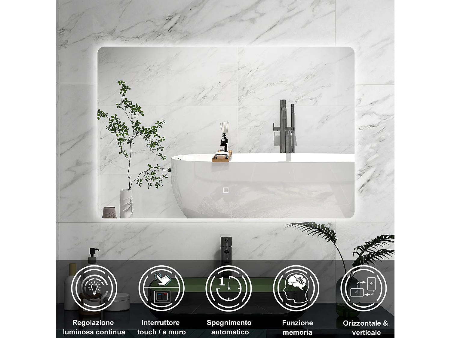 AICA Specchio 100x60cm,Memoria,Regorabile,Retroilluminato,doppio interruttore,HD temperato