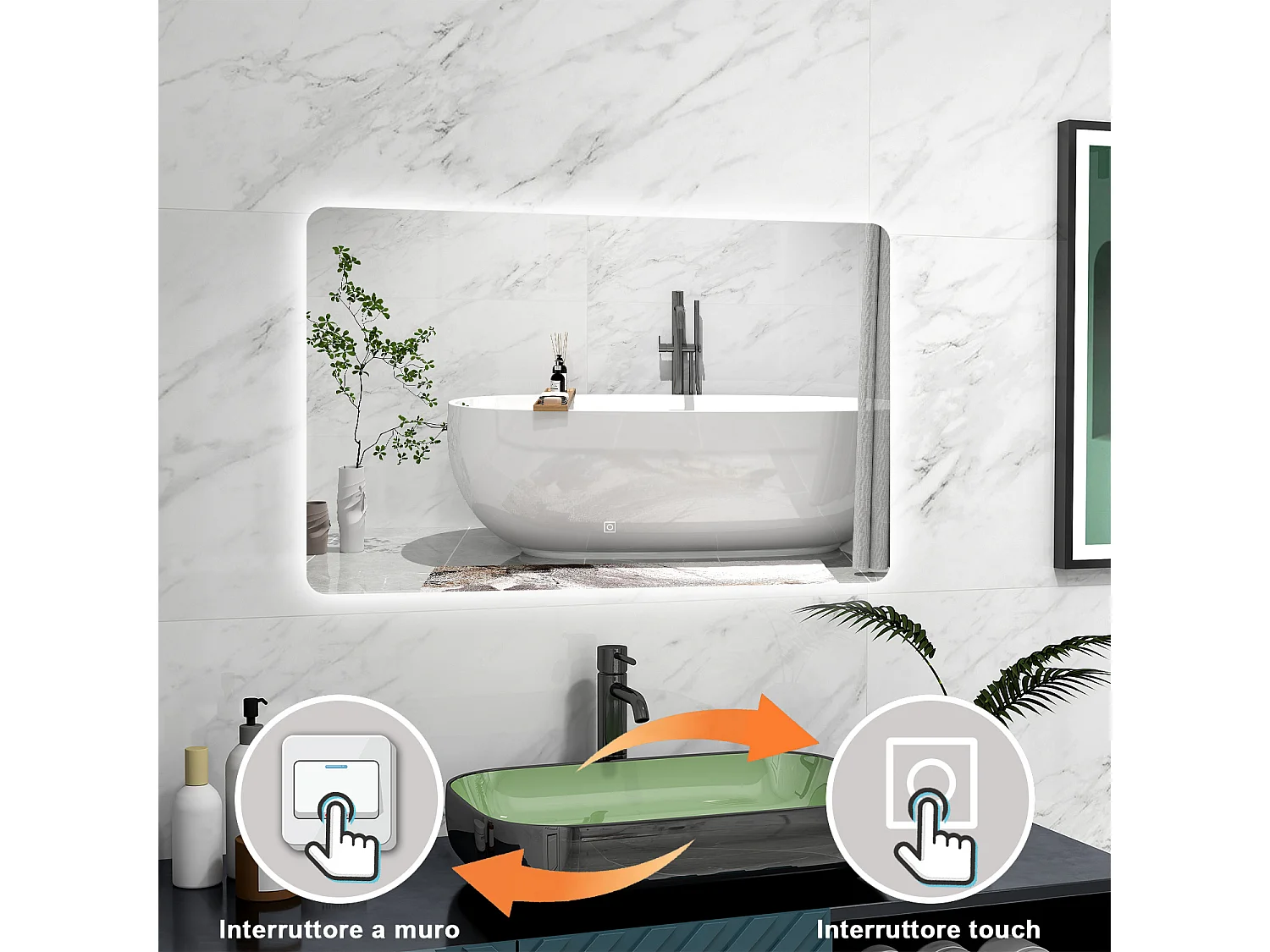 AICA Specchio 100x60cm,Memoria,Regorabile,Retroilluminato,doppio interruttore,HD temperato