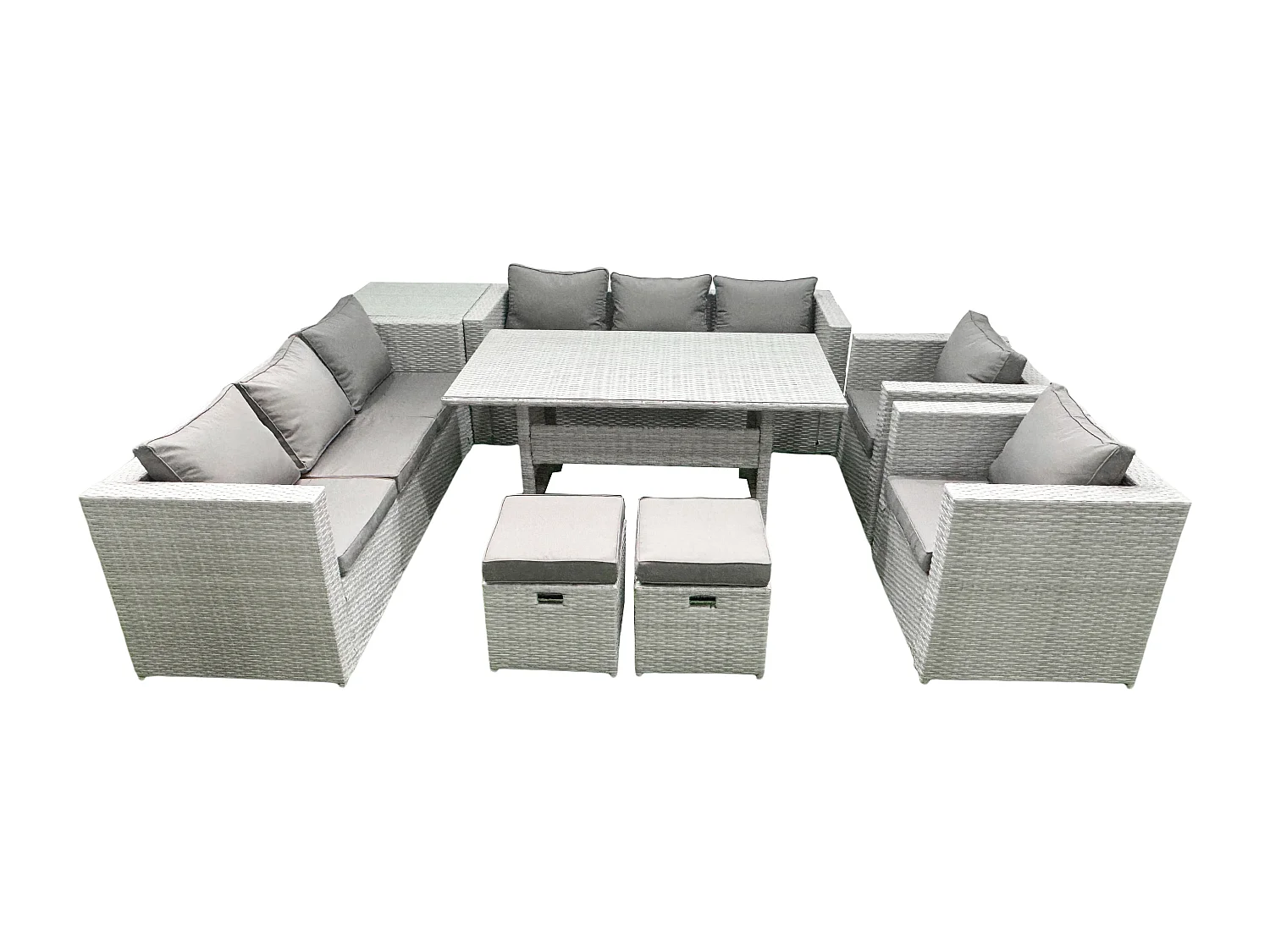 Fimous Rattan Garden Furniture Set Outdoor 8 Seater Patio Dinin g Sofa Sets with Dining Table 2 Chairs Side Table 2 Small Footstools Light Grey Mixed
