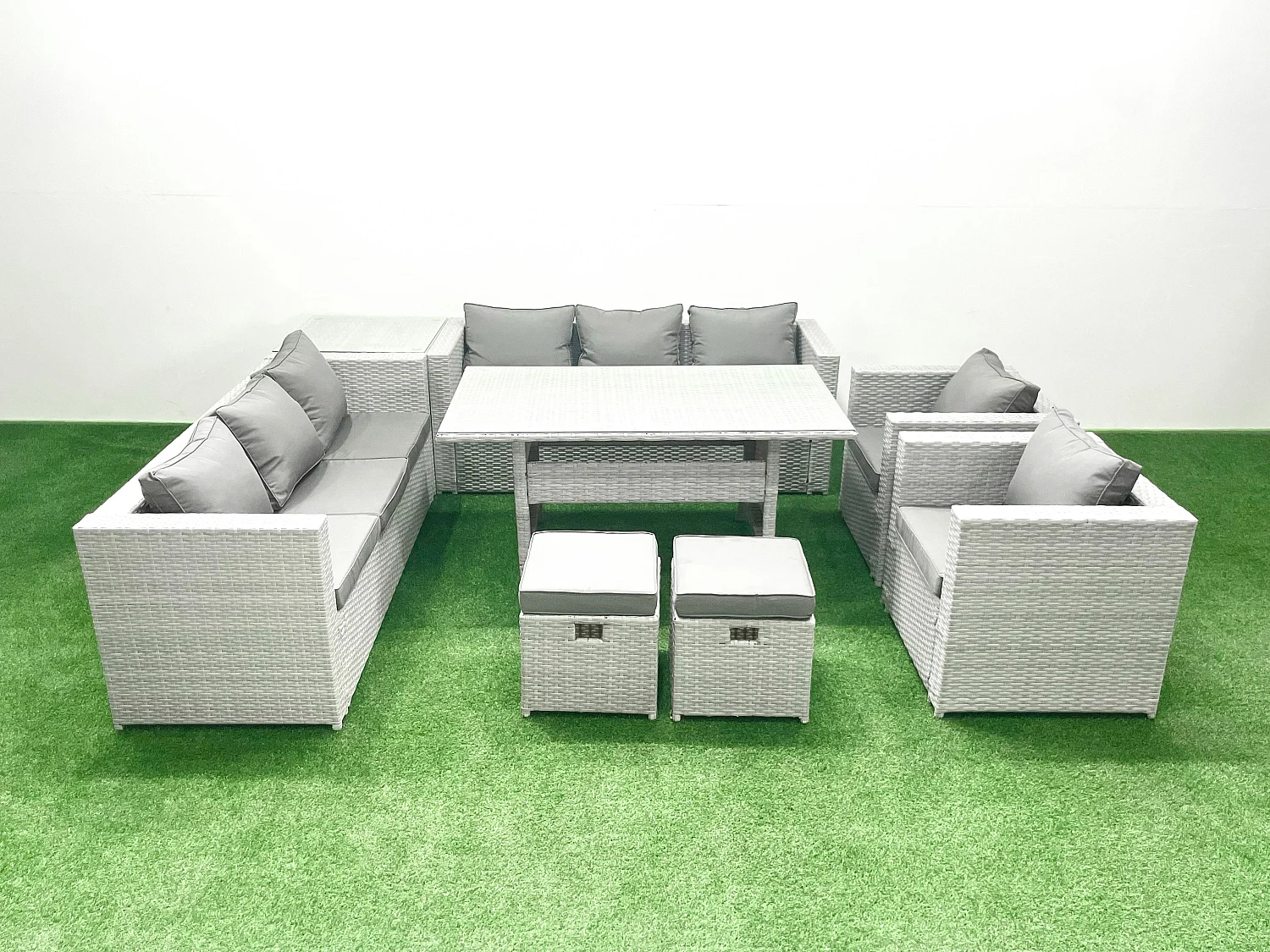 Fimous Rattan Garden Furniture Set Outdoor 8 Seater Patio Dinin g Sofa Sets with Dining Table 2 Chairs Side Table 2 Small Footstools Light Grey Mixed