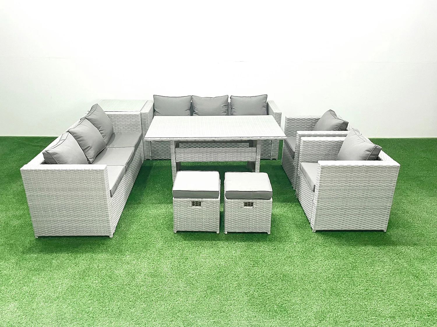 Fimous Rattan Garden Furniture Set Outdoor 8 Seater Patio Dinin g Sofa Sets with Dining Table 2 Chairs Side Table 2 Small Footstools Light Grey Mixed