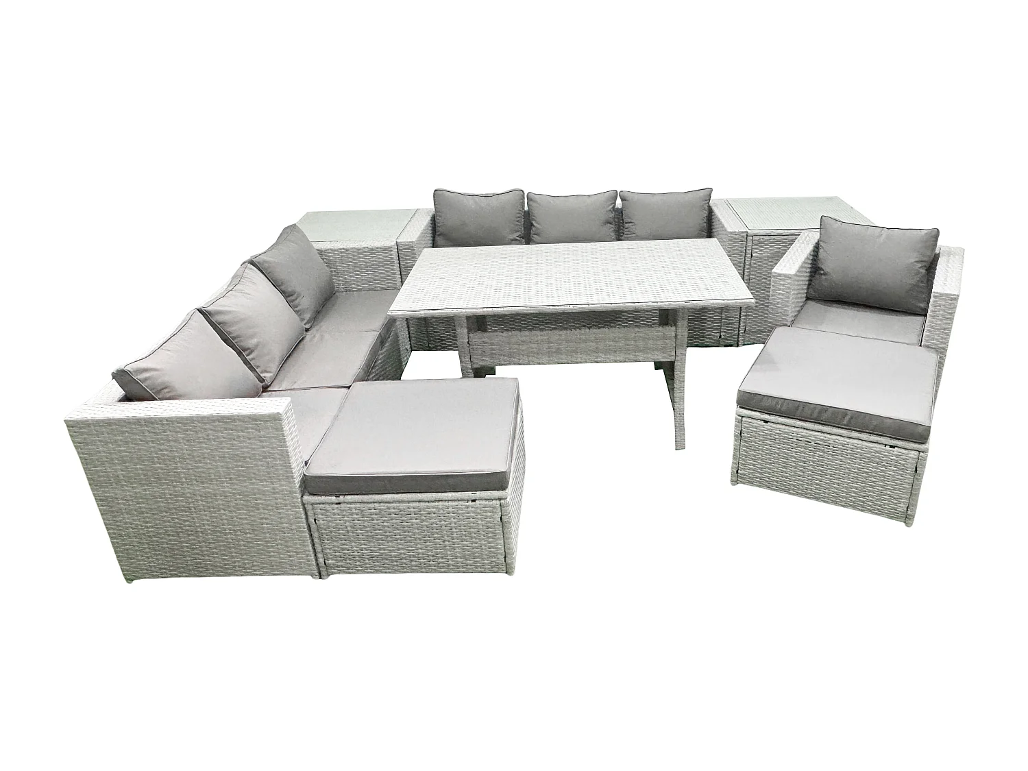 Fimous 9 Pieces Outdoor Rattan Sofa Set with Cushions Patio Garden Furniture Sets with Armchair Dining Table 2 Side Tables 2 Big Footstools