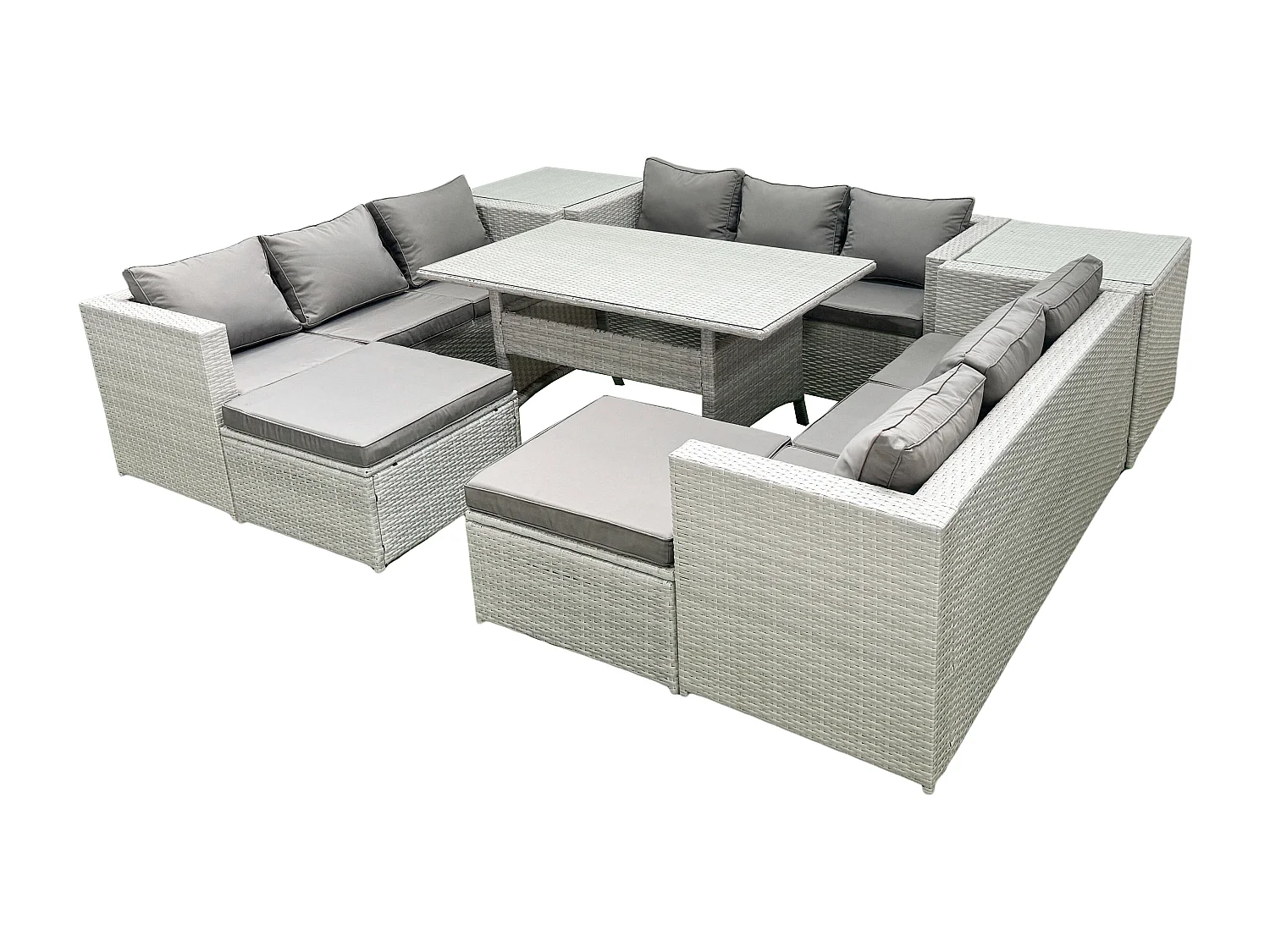 Fimous Rattan Garden Outdoor Furniture Set 11 Seater Garden Sofa Rectangulr Dining Table Set with 2 Big Footstools 2 Side Tables Light Grey Mixed