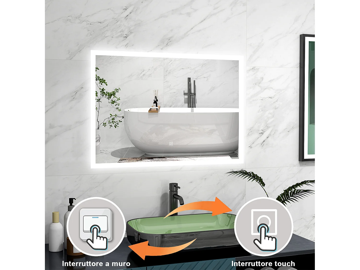 AICA Specchio 60x50cm,3 colori,Memoria, Antifog,Regorabile,Retroilluminato,doppio interruttore