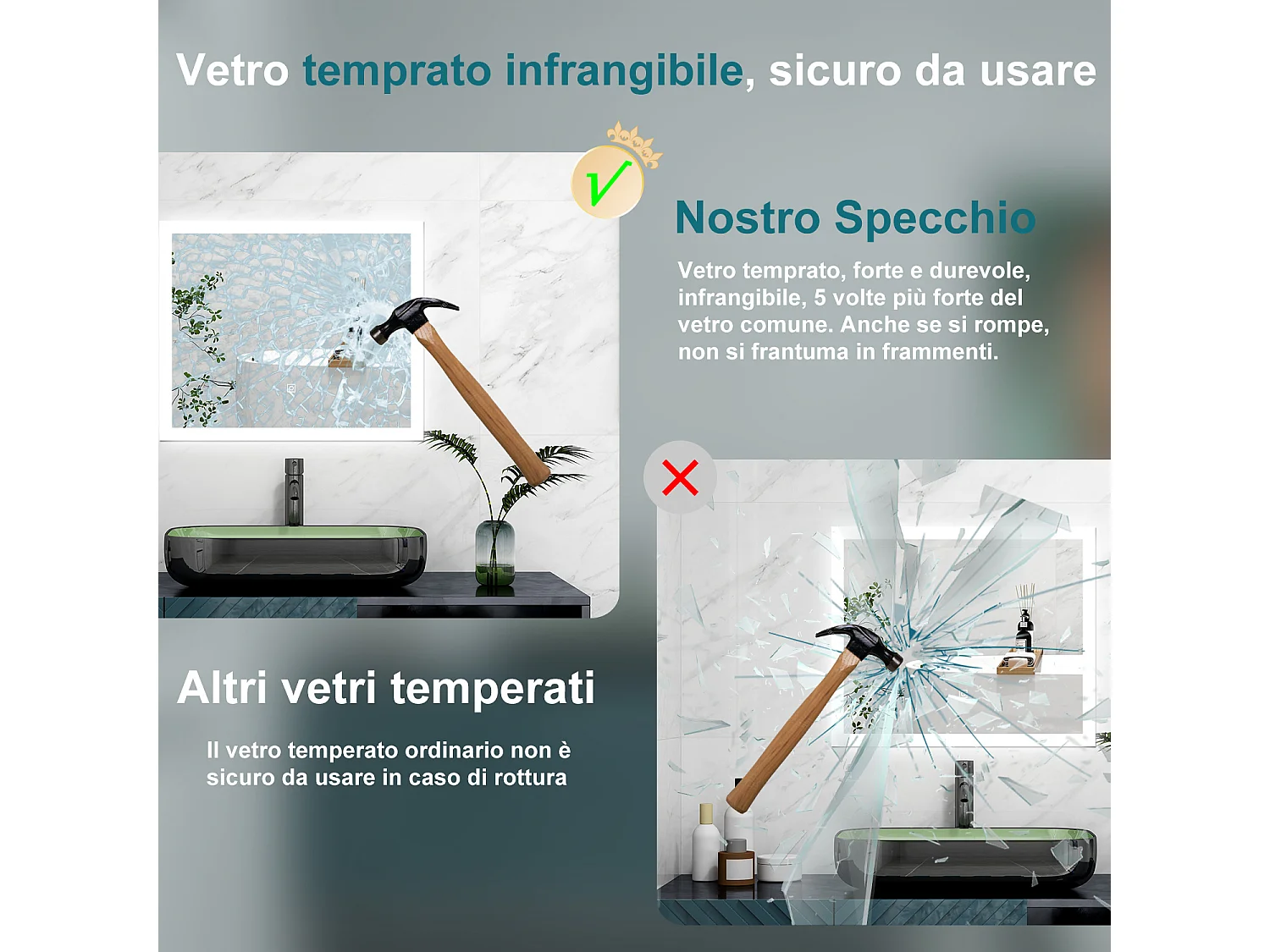 AICA Specchio 60x50cm,3 colori,Memoria, Antifog,Regorabile,Retroilluminato,doppio interruttore