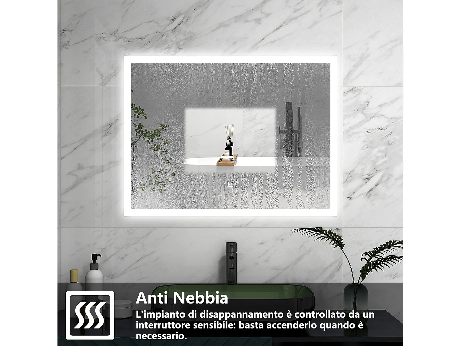 AICA Specchio 60x50cm,3 colori,Memoria, Antifog,Regorabile,Retroilluminato,doppio interruttore