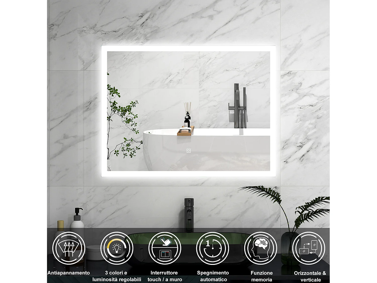 AICA Specchio 60x50cm,3 colori,Memoria, Antifog,Regorabile,Retroilluminato,doppio interruttore